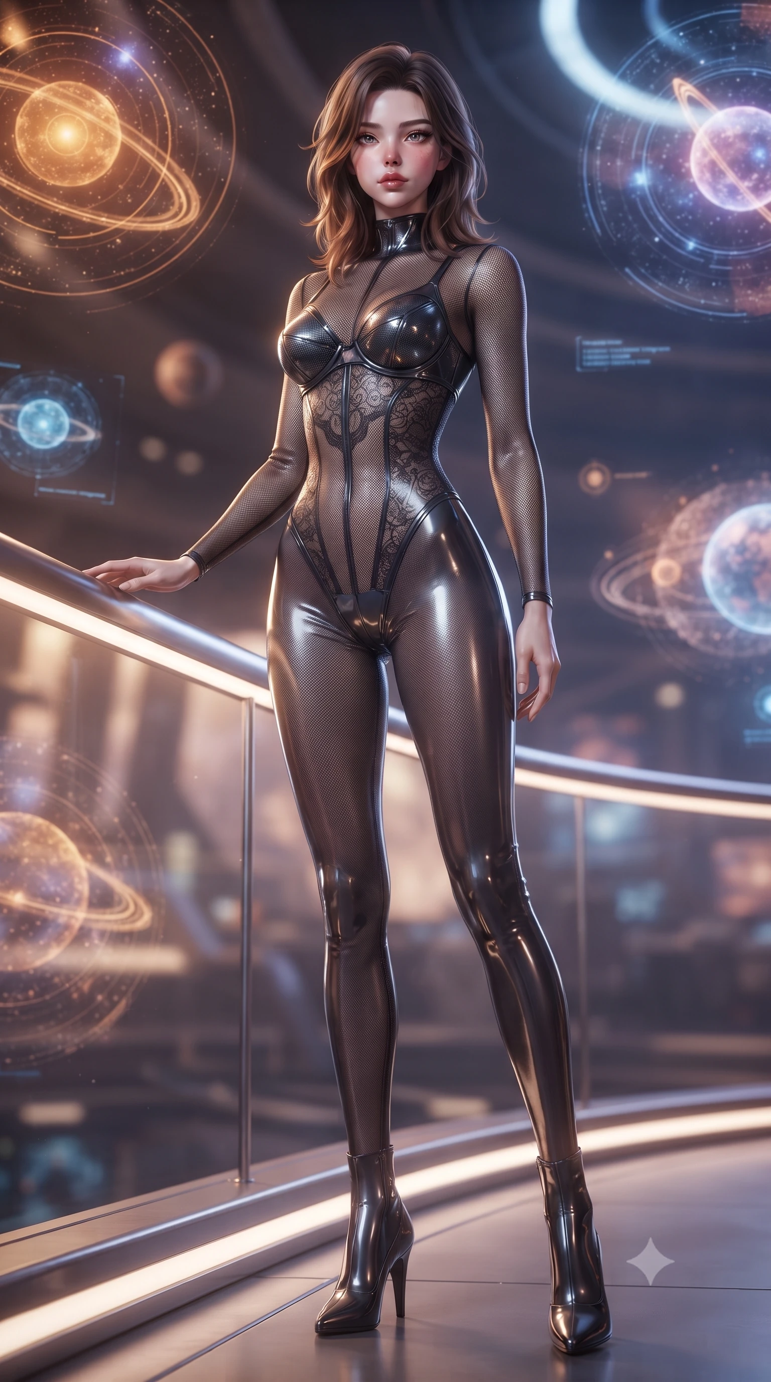 score_9, masterpiece, best quality, ultra-detailed, high-budget anime keyframe, editorial fashion photography, tasteful artistic composition, Korean woman. low angle full-body shot from head to toe showing her feet, filling the entire 9:16 vertical frame with her statuesque presence, stretching her vertical silhouette. standing in a tall, confident posture with one hand on a glowing metal railing, stretching her statuesque body, the background shows a soft-focus the navigation deck of a singularity ship, surrounded by floating starmaps. She has an absolutely perfect, statuesque 8.5-heads proportion, an exceptionally tall and slender model-like female figure with impossibly long slender legs and an ultra-slim waist. sharp v-shaped jawline, high-bridge nose, intricate jewel-like eyes with depth, thick eyelashes, glossy lips with a natural sheen. wearing a form-contouring semi-opaque dark mesh catsuit with carbon-plated cups and fine lace-pattern panels across her torso. soft starlight and the warm amber glow of planetary coordinate holograms. ultra-reflective glossy finish, specular highlights, metallic sheen, high-contrast stereoscopic depth, volumetric dynamic lighting, 2k, ultra detail, master piece, 9:16 ratio