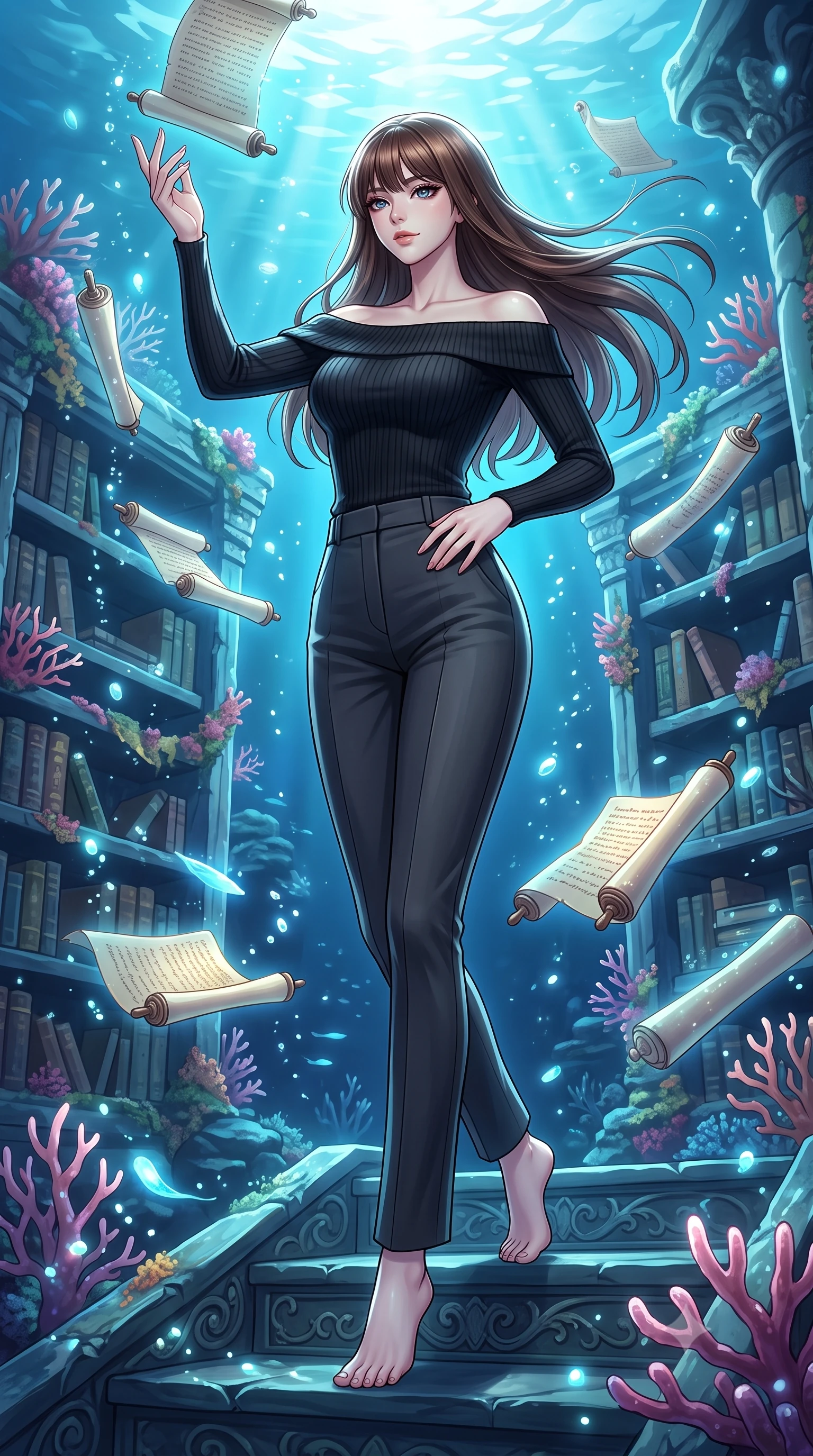 score_9, masterpiece, best quality, ultra-detailed, high-budget anime keyframe, editorial fashion photography, tasteful artistic composition, Korean woman. low angle full-body shot from head to toe showing her feet, filling the entire 9:16 vertical frame with her statuesque presence, stretching her vertical silhouette. interacting gracefully with the magical floating elements while maintaining a confident posture navigating a submerged ancient library surrounded by floating glowing scrolls, gentle ocean currents swaying her attire in fluid underwater motions. She has an absolutely perfect, statuesque 8.5-heads proportion, an exceptionally tall and slender model-like female figure with impossibly long slender legs and an ultra-slim waist. sharp v-shaped jawline, high-bridge nose, intricate jewel-like eyes with depth, thick eyelashes, glossy lips with a natural sheen. wearing a sleek off-shoulder ribbed cashmere knit top paired with high-waist tailored pants, the tailored fabric tightly following every curve of her athletic build. surrounded by a shimmering ocean aura with bright pearl-white rim lights. highly saturated vibrant anime colors, detailed shading with soft gradients, rich glossy textures, high-contrast stereoscopic depth, volumetric dynamic lighting, master piece, 9:16 ratio