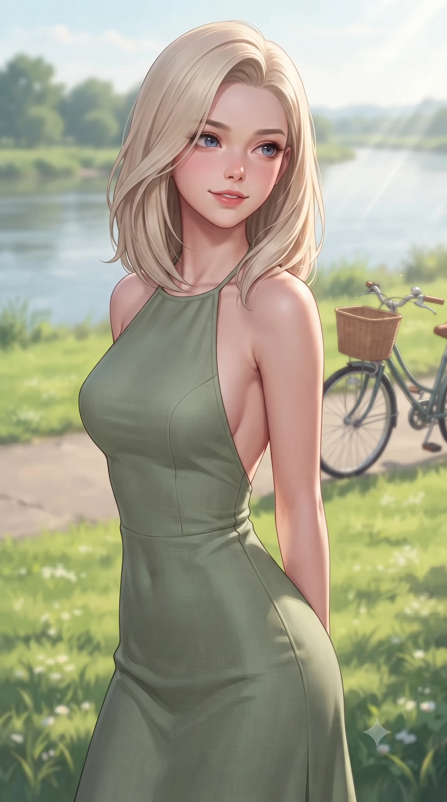 score_9, masterpiece, best quality, ultra-detailed, high-budget anime keyframe, editorial fashion photography, tasteful artistic composition, Caucasian woman. close-up cowboy shot from the waist and thighs up, the character dominates the composition, filling the frame with her large presence, background elements kept in soft focus. gazing past the camera with an alluring, daydreaming expression and a sweet half-smile set against a soft-focus background of on a grassy riverside park lawn next to a wide, calm river with a bicycle and a wicker basket parked on the path behind her. She has an exceptionally elegant, slender, and willowy female figure with an ultra-slim waist, a gracefully sculpted slender torso, and a refined silhouette. sharp v-shaped jawline, high-bridge nose, intricate jewel-like eyes with depth, thick eyelashes, glossy lips with a natural sheen. wearing form-contouring backless linen halter dress in sage green, showing her elegant shoulder lines. soft afternoon sunbeams creating a peaceful, quiet country atmosphere. highly saturated vibrant anime colors, detailed shading with soft gradients, rich glossy textures, high-contrast stereoscopic depth, volumetric dynamic lighting, master piece, 9:16 ratio