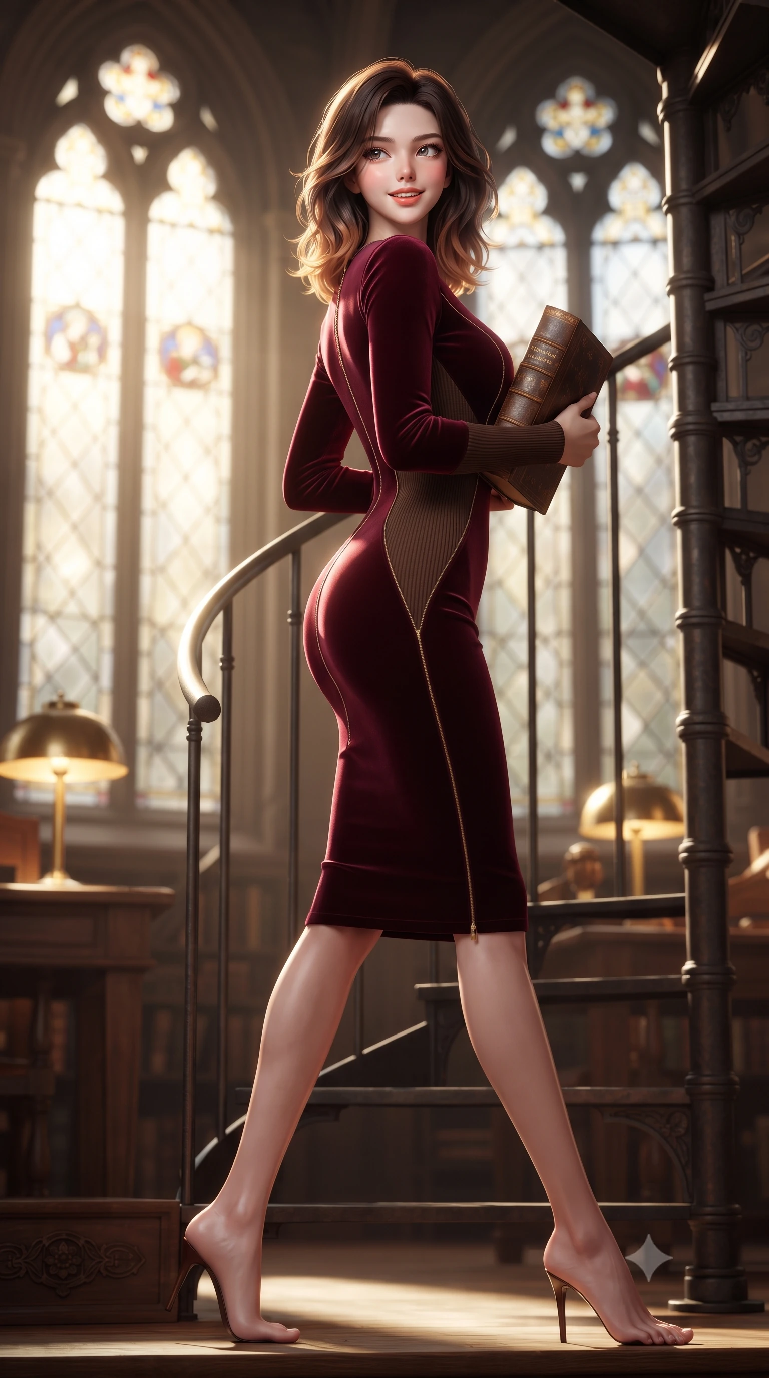 score_9, masterpiece, best quality, ultra-detailed, high-budget anime keyframe, editorial fashion photography, tasteful artistic composition, Korean woman. low angle full-body shot from head to toe showing her feet, filling the entire 9:16 vertical frame with her statuesque presence, stretching her vertical silhouette. stepping forward in a confident stride, her long slender legs and curvaceous hips creating a dynamic, sweeping vertical line while leaning poised against the spiral iron library stairs, holding an antique volume to her chest with refined scholar charm. The background shows a soft-focus tall leaded stained glass windows softened in contemplative academic grandeur shallow focus. She has an exceptionally tall and slender model-like 8.5-heads proportion, an ultra-slim waist, a flat toned midriff, narrow delicate ribcage, and beautifully sculpted feminine hips creating a graceful, slim hourglass silhouette without any bulky heaviness, with impossibly long slender legs. sharp v-shaped jawline, high-bridge nose, intricate jewel-like sparkling eyes with depth, thick eyelashes, glossy parted lips with a natural peach sheen, bright cheerful beaming smile with an enchanting and coquettish sensual glint, exuding both youthful cute charm and seductive allure, flawlessly proportioned anatomical accuracy, strict slender model proportions, natural body alignment, perfectly sculpted long slender limbs, ultra-slim waistline, clean dynamic posture without body distortion. wearing a form-fitting liquid velvet cocktail midi dress in rich burgundy with long sleeves and a snug waist contour in Saint-Germain camel wool and warm espresso, tailored from form-contouring ribbed merino wool hugging her torso like a second skin, featuring fine gold zipper details tracing the vertical spine and contour seams, the liquid-tight tailored fabric clinging flawlessly to her narrow waist and rounded feminine hips, emphasizing every millimeter of her sculpted slim hourglass curves without any bulky heaviness. bathed in luminous golden afternoon sunlight slanting through tall gothic lancet windows mixed with warm brass desk lamp glows. ultra-reflective glossy finish, specular highlights, rich textural contrasts, high-contrast stereoscopic depth, volumetric dynamic lighting, 2k, ultra detail, master piece, 9:16 ratio