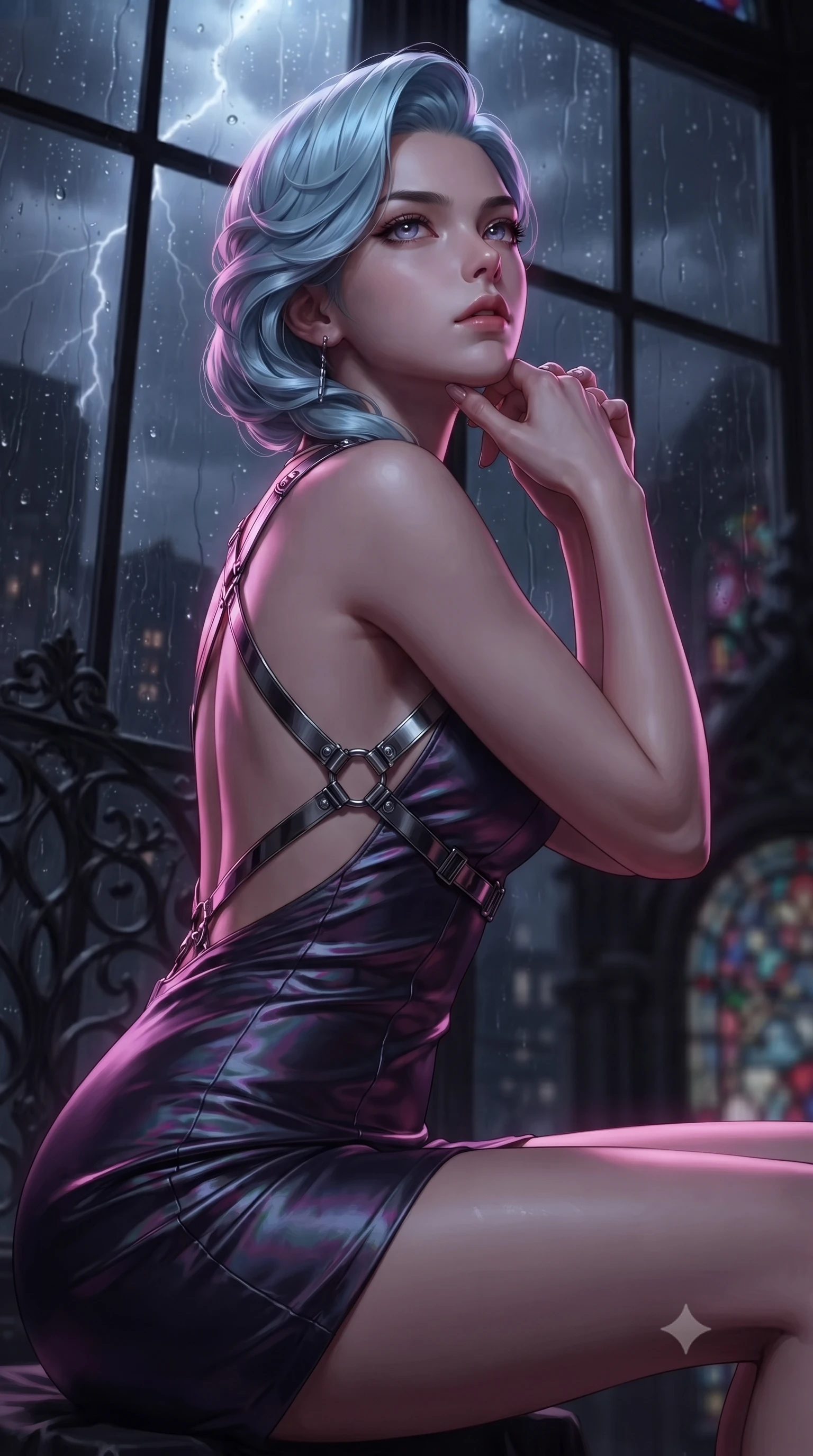 score_9, masterpiece, best quality, ultra-detailed, high-budget anime keyframe, editorial fashion photography, tasteful artistic composition, Korean woman. close-up cowboy shot from the waist and thighs up, the character dominates the composition, filling the frame with her large presence, background elements kept in soft focus. Resting her chin on the backs of her fingers with an air of effortless superiority, looking up at a stormy midnight sky through dark glass panes covered in raindrops, gothic sensual allure with intense emotional depth. She has an exceptionally elegant, slender, and willowy female figure with an ultra-slim waist, a gracefully sculpted slender torso, and a refined silhouette. sharp v-shaped jawline, high-bridge nose, intricate jewel-like eyes with depth, thick eyelashes, glossy lips with a natural sheen. wearing dramatically scooped backless dark satin mini dress with criss-cross chrome straps in pitch-black onyx, made of iridescent dark violet taffeta, highlighted by a gunmetal metallic harness structure, highlighting her statuesque proportions and ultra-slim waistline. illuminated by eerie ruby orchid glow and cold silver moonlight from above. ultra-reflective glossy finish, specular highlights, metallic sheen, high-contrast stereoscopic depth, volumetric dynamic lighting, 2k, ultra detail, master piece, 9:16 ratio