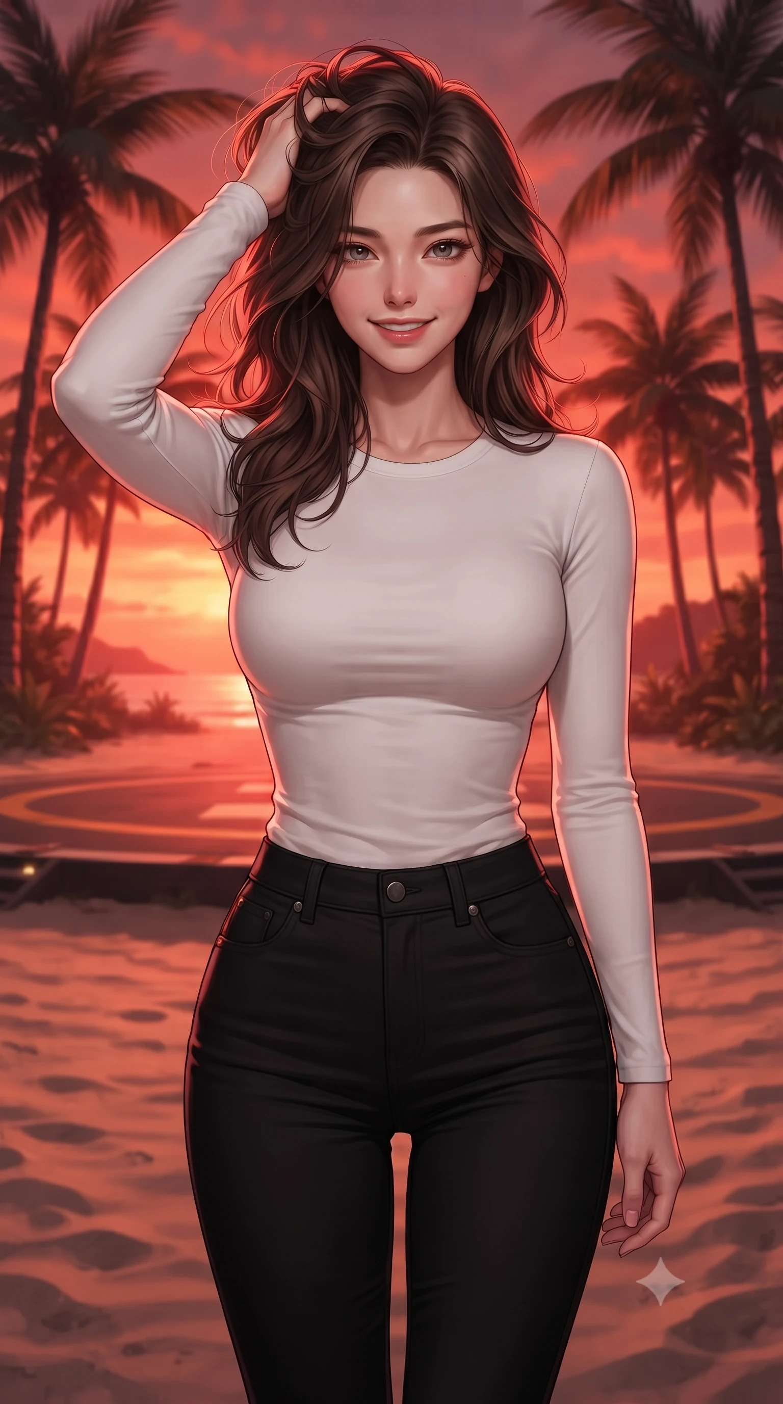 score_9, masterpiece, best quality, ultra-detailed, high-budget anime keyframe, editorial fashion photography, tasteful artistic composition, Korean woman. close-up cowboy shot from the waist and thighs up, the character dominates the composition, filling the frame with her large presence, background elements kept in soft focus. smiling with quiet, magnetic self-assurance directly into the camera, running a hand through her hair the background shows a soft-focus a secluded beach resort helipad surrounded by tall palm trees at sunset. She has an exceptionally elegant, slender, and willowy female figure with an ultra-slim waist, a gracefully sculpted slender torso, and a refined silhouette. sharp v-shaped jawline, high-bridge nose, intricate jewel-like eyes with depth, thick eyelashes, glossy lips with a natural sheen. wearing a body-hugging tight-fitting long-sleeve tee in pure white, tucked into high-waisted black skinny pants. the warm red and orange sunset sky casting a dramatic glow over the sands. ultra-reflective glossy finish, specular highlights, metallic sheen, high-contrast stereoscopic depth, volumetric dynamic lighting, 2k, ultra detail, master piece, 9:16 ratio