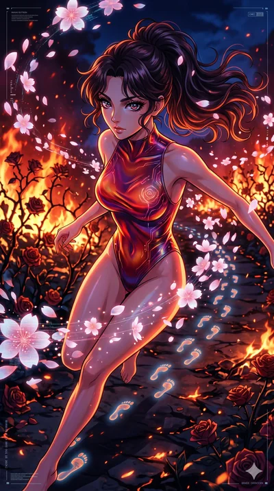 score_9, masterpiece, best quality, ultra-detailed, Set A: High-budget Anime Keyframe, Japanese woman. Upper body close-up from the thighs up, character filling the screen for maximum presence. Sliding through a burning rose garden, as she leaves a t