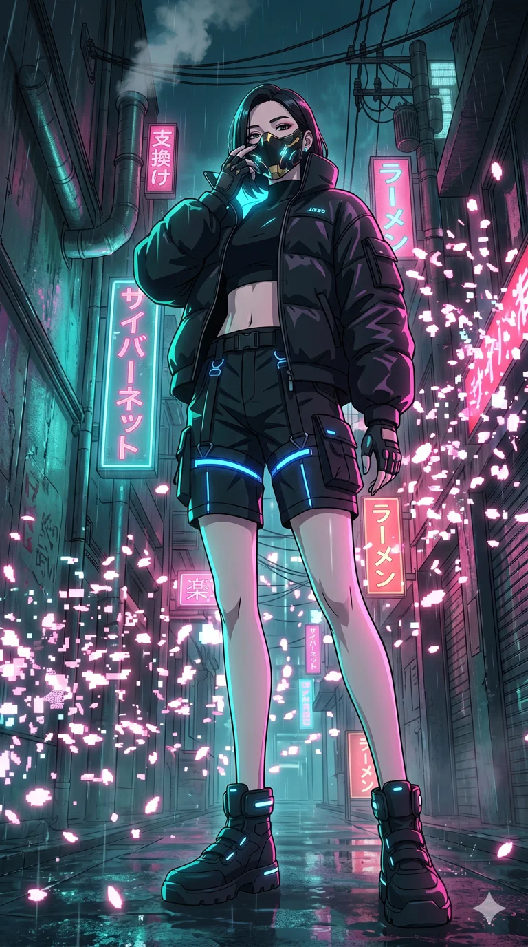 score_9, masterpiece, best quality, ultra-detailed, High-budget Anime Keyframe, vibrant colors, fluid line-art, expressive lighting, cinematic composition, Ufotable-style visual effects, top-tier animation quality, Korean woman with idol-like refined features. Dramatic low angle looking up at her majestic stature, dominating the vertical space of the composition. Adjusting a glowing mechanical mask as a blizzard of digital sakura petals swirls violently around her in a high-tech Neo-Tokyo alleyway. She has an absolutely perfect 8-heads proportion, an exceptionally tall and slender female figure with impossibly long slender legs and an ultra-slim waist, her statuesque height and towering silhouette dominating the vertical 9:16 frame. Her face is a masterpiece featuring a sharp v-shaped jawline, high-bridge nose, intricate jewel-like eyes with depth, thick eyelashes, and glossy lips with a natural sheen. She is wearing a Oversized puffer jacket worn over a micro-shorts and harness set, unzipped to reveal her chest crafted from Iridescent vinyl with a futuristic sheen that shifts between violet and cyan, featuring a crystalline structure that catches the light and reveals her slender frame. The scene is set in an abstract digital void with floating golden geometric shapes and rivers of flowing code, illuminated by dynamic strobe effects that capture her movement in a series of sharp fragments. 2k, ultra detail, master piece, 9:16 ratio