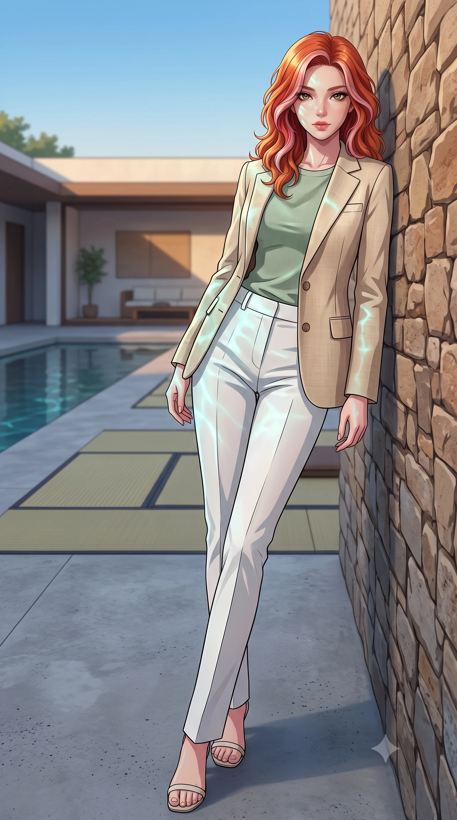 score_9, masterpiece, best quality, ultra-detailed, high-budget anime keyframe, tasteful artistic composition, Caucasian woman. low angle full-body shot from head to toe showing her feet, filling the entire 9:16 vertical frame with her statuesque presence, stretching her vertical silhouette. leaning back against a rustic stone wall, casting a slow, alluring gaze at the camera the background shows a soft-focus a modern minimal villa courtyard with a quiet reflection pool and tatami mats. She has an absolutely perfect, statuesque 8.5-heads proportion, an exceptionally tall and slender model-like female figure with impossibly long slender legs and an ultra-slim waist. sharp v-shaped jawline, high-bridge nose, intricate jewel-like eyes with depth, thick eyelashes, glossy lips with a natural sheen. wearing a form-contouring tailored beige linen blazer over a sage green knit top and white trousers. shifting aqua light reflections from the pool water mapping across her features. highly saturated vibrant anime colors, cel-shading, 2d style, master piece, 9:16 ratio