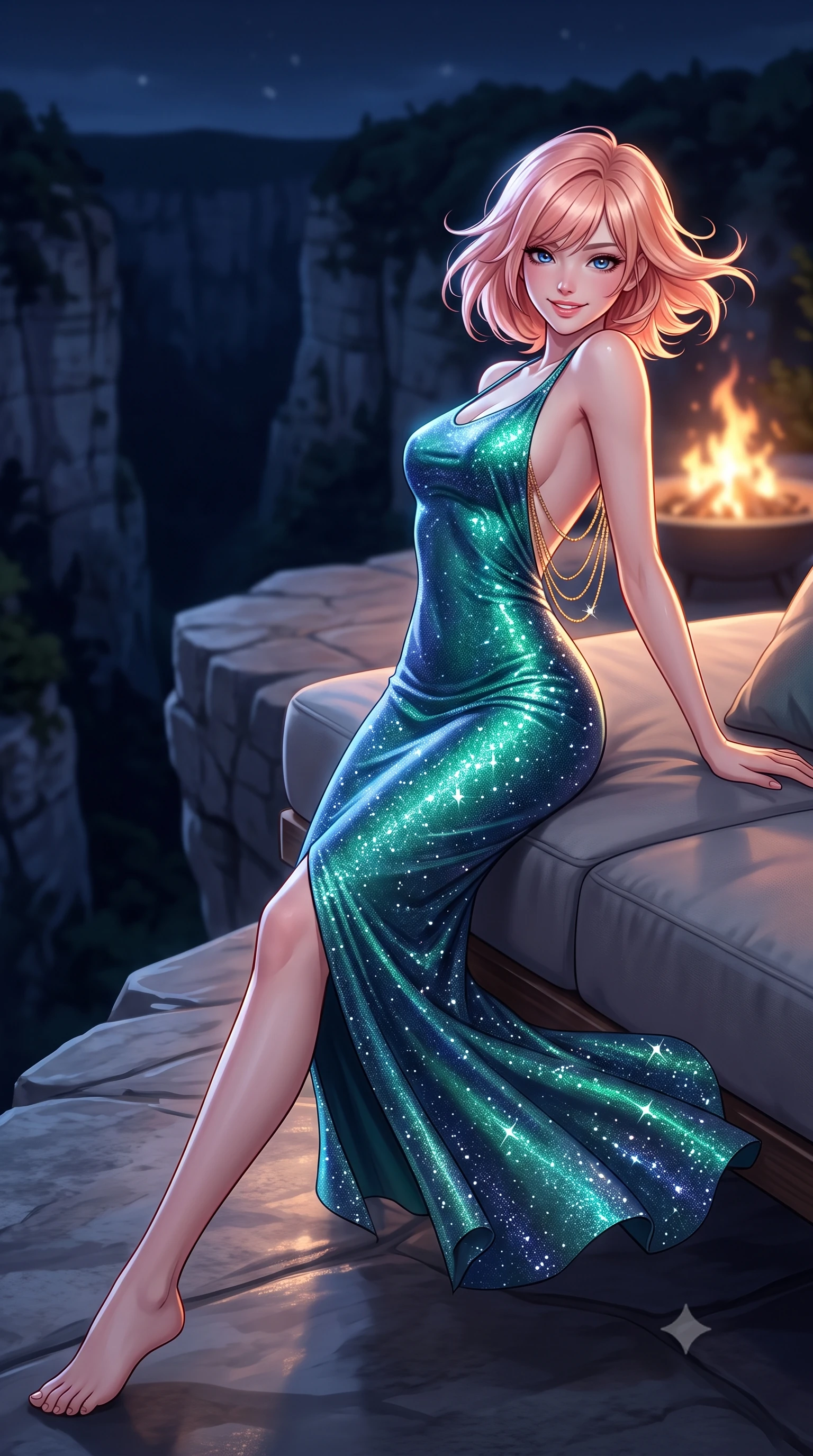 score_9, masterpiece, best quality, ultra-detailed, high-budget anime keyframe, semi-realistic 3D game render, editorial fashion photography, tasteful artistic composition, Japanese woman. low angle full-body shot from head to toe showing her feet, filling the entire 9:16 vertical frame with her statuesque presence, stretching her vertical silhouette. reclining gracefully across the plush chaise lounge with one leg extended, her sculpted silhouette and flat midriff radiating magnetic nocturnal glamour while standing poised on the cantilevered stone terrace at the dizzying edge of the vertical 120-meter limestone gorge, arching her lower back as nocturnal mountain winds whip around her silhouette. The background shows a soft-focus dancing fire pit flames softened in dramatic mountain clifftop shallow focus. She has an exceptionally tall and slender model-like 8.5-heads proportion, an ultra-slim waist, a flat toned midriff, narrow delicate ribcage, and beautifully sculpted feminine hips creating a graceful, slim hourglass silhouette without any bulky heaviness, with impossibly long slender legs. sharp v-shaped jawline, high-bridge nose, intricate jewel-like sparkling eyes with depth, thick eyelashes, glossy parted lips with a natural peach sheen, bright cheerful beaming smile with an enchanting and coquettish sensual glint, exuding both youthful cute charm and seductive allure, flawlessly proportioned anatomical accuracy, strict slender model proportions, natural body alignment, perfectly sculpted long slender limbs, ultra-slim waistline, clean dynamic posture without body distortion. wearing a glove-like stretch modal tank dress adhering tightly to her flat midriff and feminine hips in Arctic aurora borealis emerald and starlight diamond, woven from stretch metallic lurex jersey casting radiant starlight glints across her curves, accented with an open-back drape framed by falling strands of delicate gold chains, the liquid-tight tailored fabric clinging flawlessly to her narrow waist and rounded feminine hips, emphasizing every millimeter of her sculpted slim hourglass curves without any bulky heaviness. illuminated by stone deck bounce and sharp copper-gold rim lights sculpting her jawline, narrow waist, and curvy hips. highly saturated vibrant anime colors, detailed shading with soft gradients, rich glossy textures, high-contrast stereoscopic depth, volumetric dynamic lighting, master piece, 9:16 ratio