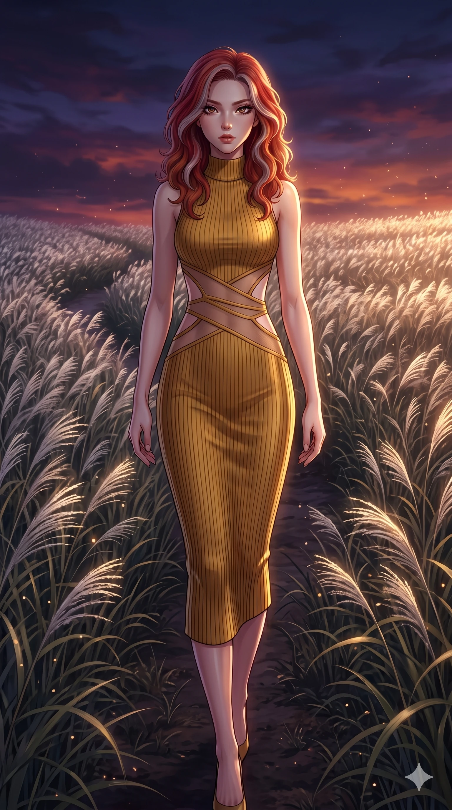 score_9, masterpiece, best quality, ultra-detailed, High-budget Anime Keyframe, East Asian woman. Dynamic full-body shot stretching the vertical silhouette to the limit. Scenario 138: Walking through a field of tall silver grass at twilight. Her presence is magnetic and overpowering in this high-budget anime scene. Outfit 138: A ribbed bodycon knit gold with a strategic side cut-outs and translucent layers. The clothing is designed to emphasize her exceptionally tall and slender 8-heads proportion. 8-heads proportion, towering silhouette, ultra-slim waist. sharp v-shaped jawline, intricate jewel-like eyes with depth, thick eyelashes, glossy lips. 2k, ultra detail, master piece, 9:16 ratio