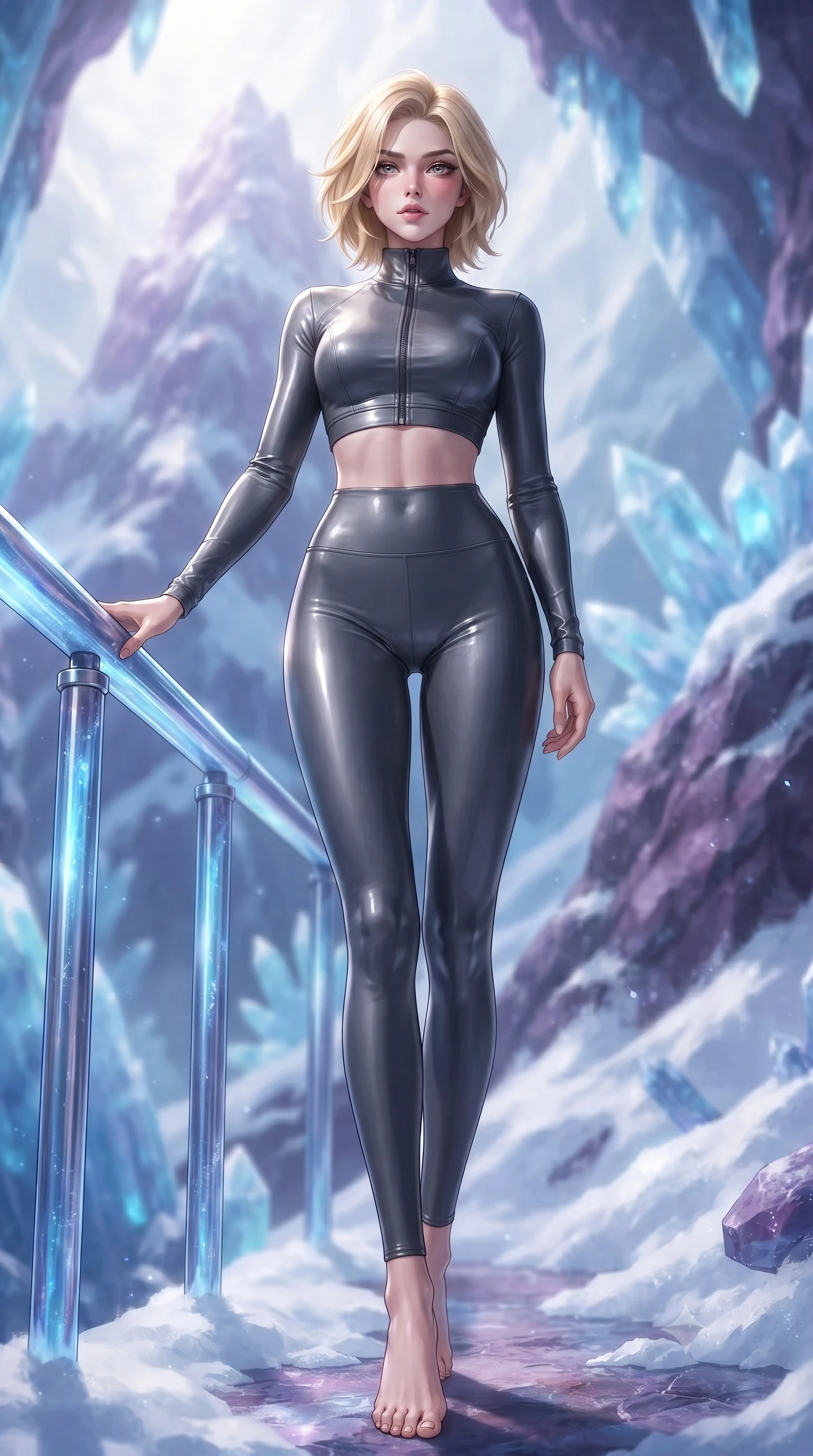 score_9, masterpiece, best quality, ultra-detailed, high-budget anime keyframe, editorial fashion photography, tasteful artistic composition, Caucasian woman. low angle full-body shot from head to toe showing her feet, filling the entire 9:16 vertical frame with her statuesque presence, stretching her vertical silhouette. standing in a tall, confident posture with one hand on a glowing metal railing, stretching her statuesque body, the background shows a soft-focus a mountain peak cavern with snow drifts and blue quartz formations. She has an absolutely perfect, statuesque 8.5-heads proportion, an exceptionally tall and slender model-like female figure with impossibly long slender legs and an ultra-slim waist. sharp v-shaped jawline, high-bridge nose, intricate jewel-like eyes with depth, thick eyelashes, glossy lips with a natural sheen. wearing a tailored body-hugging high-neck activewear set of a zipped long-sleeve crop top and matching leggings in carbon-grey. bright morning starlight highlighting white snow and purple rock in vivid tones. ultra-reflective glossy finish, specular highlights, metallic sheen, high-contrast stereoscopic depth, volumetric dynamic lighting, 2k, ultra detail, master piece, 9:16 ratio