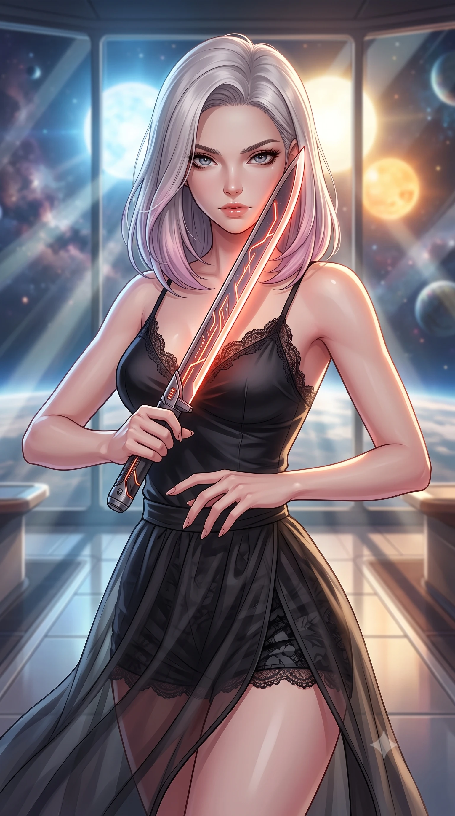 score_9, masterpiece, best quality, ultra-detailed, high-budget anime keyframe, editorial fashion photography, tasteful artistic composition, Caucasian woman. close-up cowboy shot from the waist and thighs up, the character dominates the composition, filling the frame with her large presence, background elements kept in soft focus. pressing the flat side of a glowing vibro-blade against her cheek, locking eyes with the viewer with bedroom-eyes, the background shows a soft-focus a train observation deck with glass panels showing a binary sun system. She has an exceptionally elegant, slender, and willowy female figure with an ultra-slim waist, a gracefully sculpted slender torso, and a refined silhouette. sharp v-shaped jawline, high-bridge nose, intricate jewel-like eyes with depth, thick eyelashes, glossy lips with a natural sheen. wearing a form-contouring delicate lace-trim camisole in black silk, paired with a sheer organza wrap skirt and combat shorts. volumetric sunbeams slicing through glass panels, creating dramatic light rays. highly saturated vibrant anime colors, detailed shading with soft gradients, rich glossy textures, high-contrast stereoscopic depth, volumetric dynamic lighting, master piece, 9:16 ratio