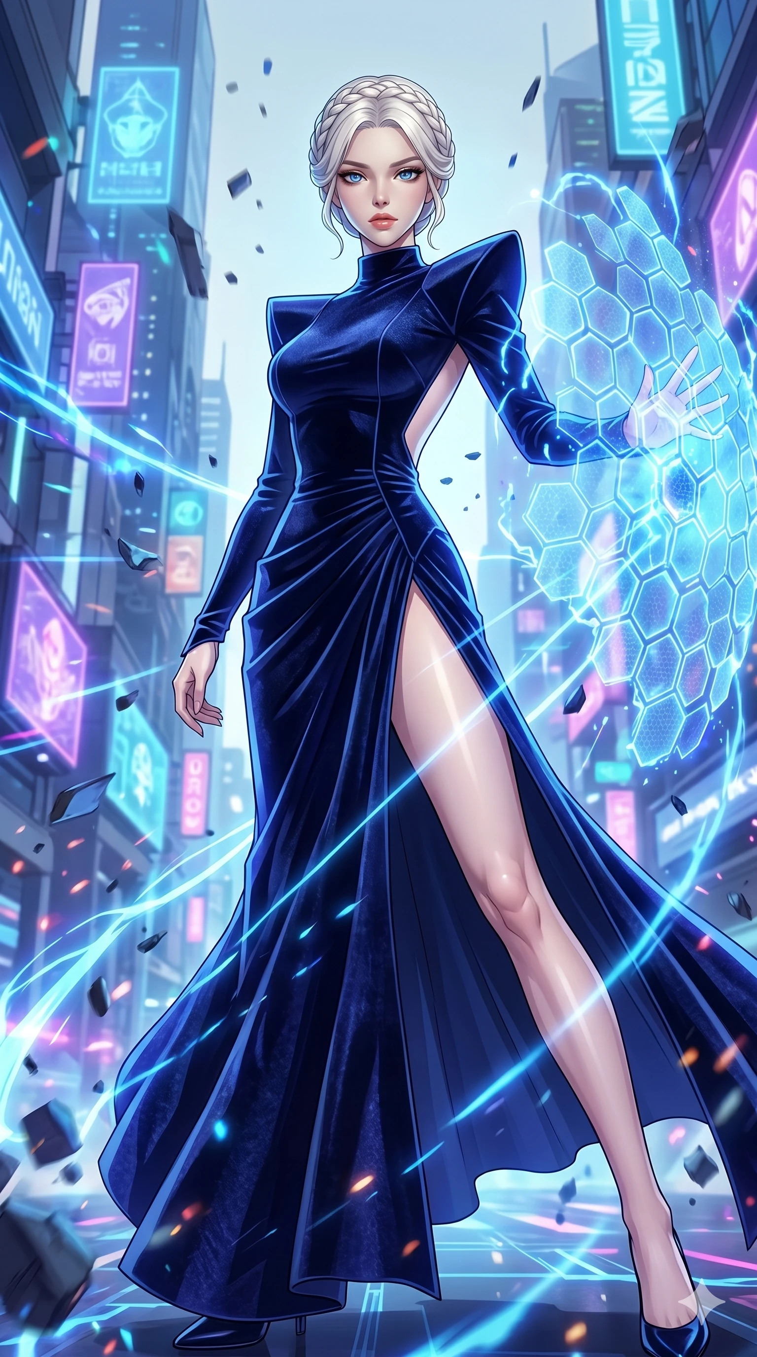 score_9, masterpiece, best quality, ultra-detailed, Set C: High-budget Anime Keyframe, Korean woman. Low angle cowboy shot filling the entire 9:16 frame with her statuesque presence. Summoning a shield made of hexagonal energy tiles in a futuristic city battle. She has an absolutely perfect 8-heads proportion, an exceptionally tall and slender female figure with impossibly long slender legs and an ultra-slim waist. Sharp v-shaped jawline, high-bridge nose, intricate jewel-like eyes with depth, thick eyelashes, glossy lips. Wearing a High-Fashion Editorial outfit: backless velvet gown with structured shoulders and a high slit. Background is a bright and colorful metropolis with glowing blue energy effects and dynamic motion. 2k, ultra detail, master piece, 9:16 ratio