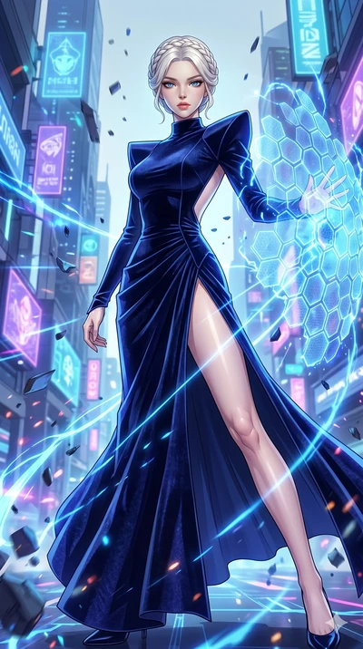 score_9, masterpiece, best quality, ultra-detailed, Set C: High-budget Anime Keyframe, Korean woman. Low angle cowboy shot filling the entire 9:16 frame with her statuesque presence. Summoning a shield made of hexagonal energy tiles in a futuristic c