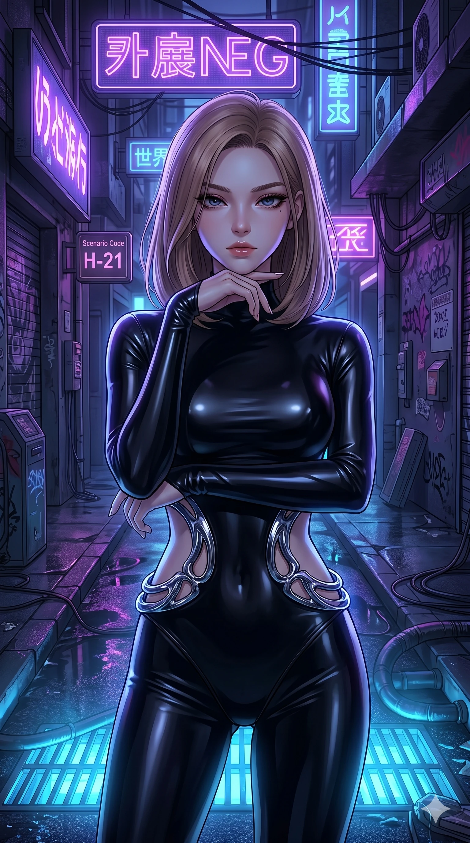 score_9, masterpiece, best quality, ultra-detailed, high-budget anime keyframe, editorial fashion photography, tasteful artistic composition, Korean woman. cowboy shot from the thighs up, character and outfit filling the frame for maximum editorial presence. resting her chin on the back of her fingers, looking down at the camera with a haughty, expressionless face in a dimly-lit cyberpunk alleyway under flickering violet neon signage (Scenario Code H-21). She has an absolutely perfect 8-heads proportion, an exceptionally tall and slender female figure with impossibly long slender legs and an ultra-slim waist. V-shaped jawline, high-bridge nose, intricate jewel-like eyes with depth, thick eyelashes, glossy lips with a natural sheen. wearing a skin-tight glove-like black latex bodysuit with dramatic waist cutouts framed by sculptural chrome rings. lit by a cool blue bioluminescent glow from below, highlighting her jawline and shoulders. 2k, ultra detail, master piece, 9:16 ratio