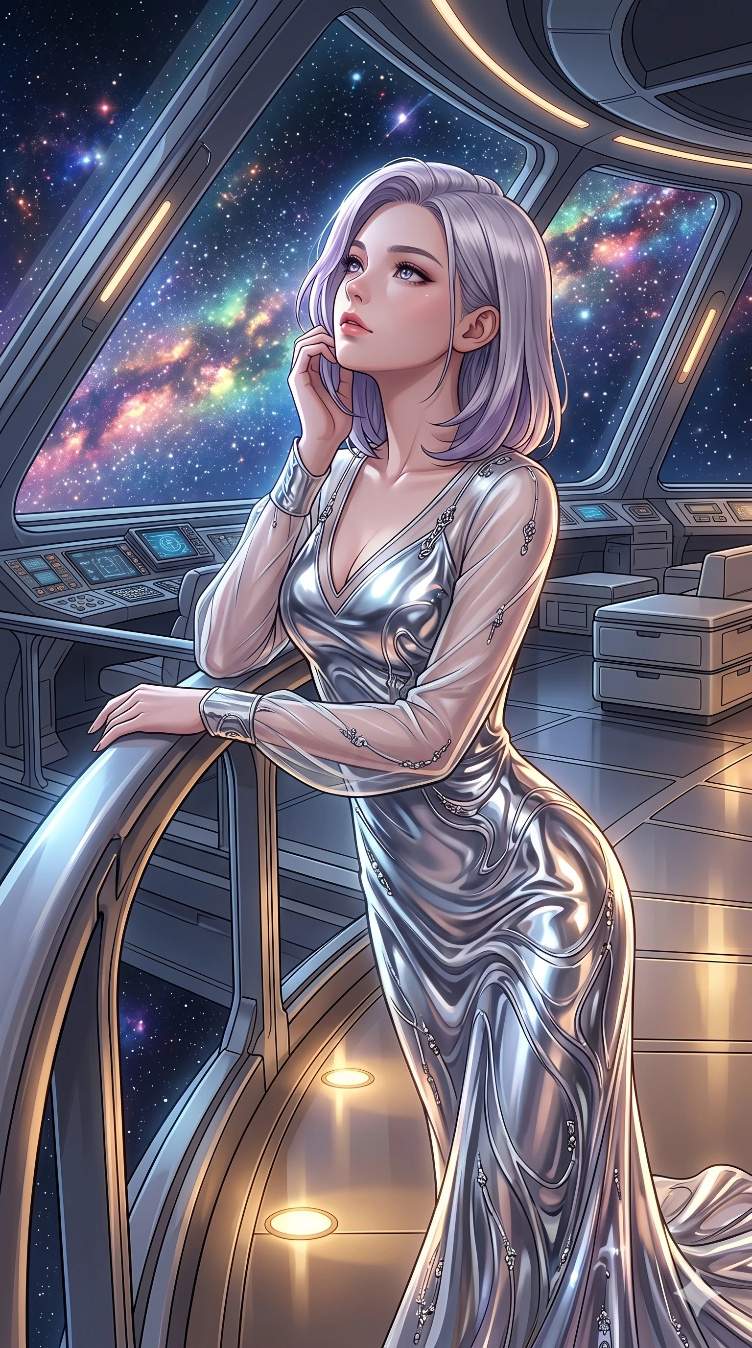 score_9, masterpiece, best quality, ultra-detailed, high-budget anime keyframe, editorial fashion photography, tasteful artistic composition, Caucasian woman, strictly human ears. Upper body close-up from the thighs up, character filling the screen for maximum presence. On the observation deck of a luxury space cruise ship, leaning back against the railing, looking at the stars with a dreamy gaze. She is wearing an elegant liquid-chrome dress with a refined V-neckline and sheer sleeves. The scene is illuminated by the glowing stellar dust outside and soft gold floor lights. 2k, ultra detail, master piece, 9:16 ratio