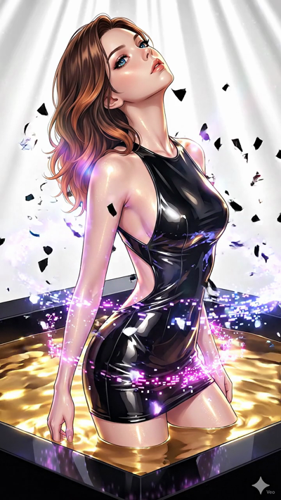 A high-budget anime video with dynamic particle motion. The digital fragments and glowing shards floating around the character pulse and flow in a fluid, circular pattern. The camera slowly zooms in with a slight tilt. Rainbow lens flares and volumet