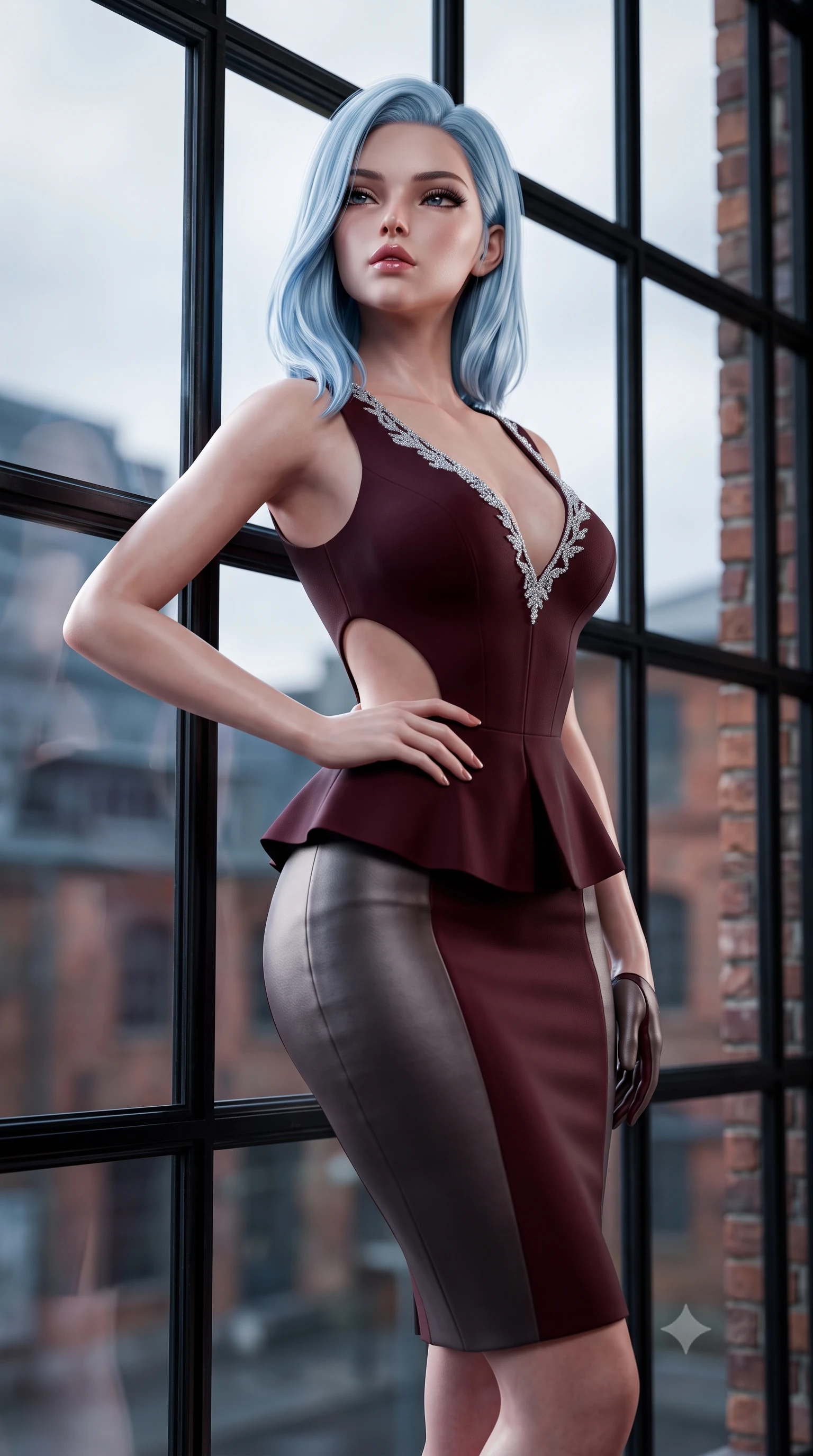 score_9, masterpiece, best quality, ultra-detailed, high-budget anime keyframe, semi-realistic 3D game render, editorial fashion photography, tasteful artistic composition, Korean woman. close-up cowboy shot from the waist and thighs up, the character dominates the composition, filling the frame with her large presence. tilting her chin up with proud, sovereign allure while gazing through thick eyelashes, one hand resting on her waist in pure supermodel charisma while leaning against a monumental black steel-framed warehouse window, arching her lower back with high-fashion sovereign poise as cool Berlin daylight washes over her curves. The composition keeps background elements in soft focus with creamy bokeh. historic Berlin industrial brick buildings and overcast urban skies blurred into cool slate, charcoal, and warm terracotta bokeh through steel-framed glass. She has an exceptionally elegant, slender, and willowy female figure with an ultra-slim waist, flat toned midriff, narrow ribcage, and sculpted feminine hips creating an alluring, slim hourglass silhouette without bulk. sharp v-shaped jawline, high-bridge nose, intricate jewel-like eyes with depth, thick eyelashes, glossy parted lips with a natural sheen, intensely captivating and seductive bedroom-eyes expression, flawlessly proportioned anatomical accuracy, strict slender model proportions, natural body alignment, perfectly sculpted long slender limbs, ultra-slim waistline, clean dynamic posture without body distortion. wearing a modern peplum corset dress with side-waist diamond cutouts and an ultra-tight silhouette in deep wine burgundy and brushed dark platinum, tailored from water-resistant treated wool gabardine and flexible stretch silk, finished with delicate crystal frost embroidery tracing the plunging neckline, the glove-like aerodynamic silhouette tightly following the natural contour of her hips and long slender legs with statuesque 8.5-heads elegance. illuminated by subtle architectural spotlighting sharply defining her sculpted cheekbones, ultra-slim waist, and curvy hips. highly saturated vibrant anime colors, detailed shading with soft gradients, rich glossy textures, high-contrast stereoscopic depth, volumetric dynamic lighting, master piece, 9:16 ratio