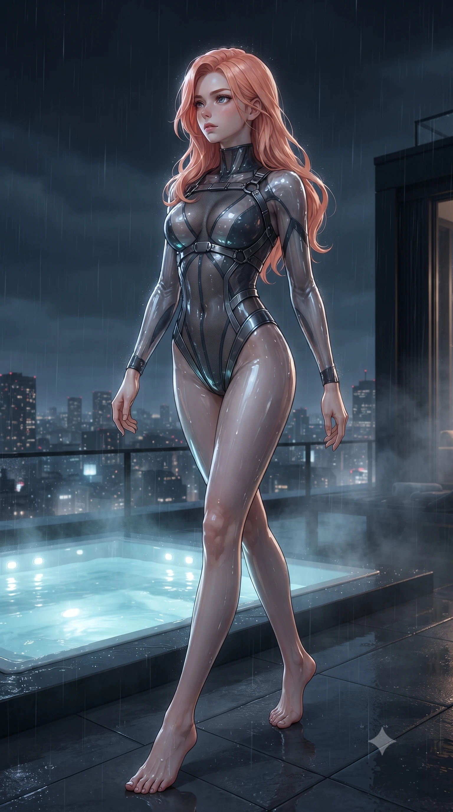 score_9, masterpiece, best quality, ultra-detailed, high-budget anime keyframe, editorial fashion photography, tasteful artistic composition, Japanese woman. low angle full-body shot from head to toe showing her feet, filling the entire 9:16 vertical frame with her statuesque presence, stretching her vertical silhouette. navigating the private sanctuary with an effortless, graceful stride, poised at the edge of a lighted glass hot tub looking over a 2 AM metropolis, cool night mist drifting gently across the dark rooftop terrace. She has an absolutely perfect, statuesque 8.5-heads proportion, an exceptionally tall and slender model-like female figure with impossibly long slender legs and an ultra-slim waist. sharp v-shaped jawline, high-bridge nose, intricate jewel-like eyes with depth, thick eyelashes, glossy lips with a natural sheen. wearing translucent liquid acrylic splash bodysuit with semi-opaque dark mesh in dark charcoal gray, made of high-gloss liquid vinyl, highlighted by a gunmetal metallic harness structure, sculpting her athletic slender build with refined precision. surrounded by a cool rain-soaked ambiance with sharp rim highlights. ultra-reflective glossy finish, specular highlights, metallic sheen, high-contrast stereoscopic depth, volumetric dynamic lighting, 2k, ultra detail, master piece, 9:16 ratio
