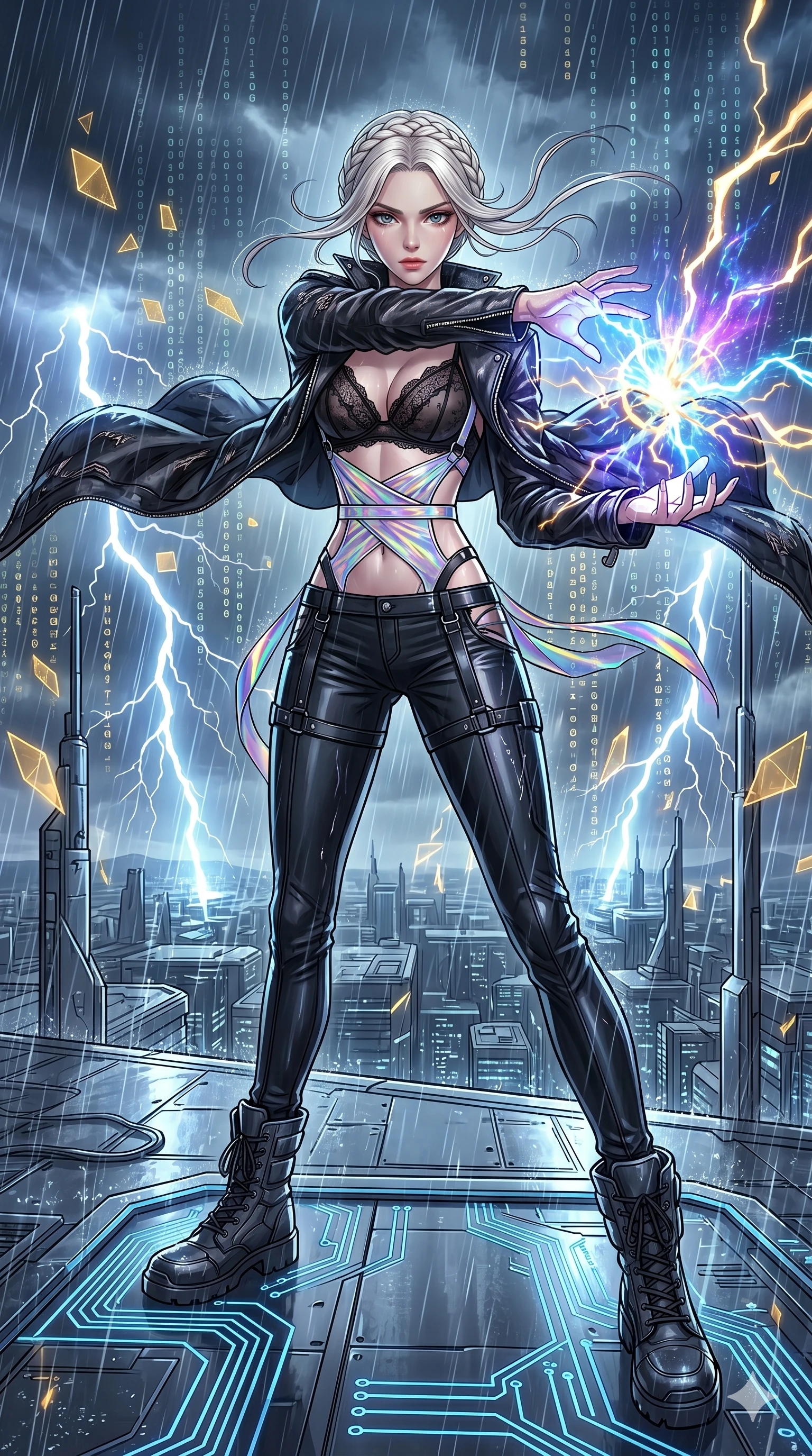 score_9, masterpiece, best quality, ultra-detailed, High-budget Anime Keyframe, vibrant colors, fluid line-art, expressive lighting, cinematic composition, Ufotable-style visual effects, top-tier animation quality, Korean woman with idol-like refined features. Dynamic full-body shot stretching the vertical silhouette, capturing her from a powerful low-angle perspective. Charging a devastating energy blast between her palms during a fierce thunderstorm on a metallic plateau, lightning striking around her. She has an absolutely perfect 8-heads proportion, an exceptionally tall and slender female figure with impossibly long slender legs and an ultra-slim waist, her statuesque height and towering silhouette dominating the vertical 9:16 frame. Her face is a masterpiece featuring a sharp v-shaped jawline, high-bridge nose, intricate jewel-like eyes with depth, thick eyelashes, and glossy lips with a natural sheen. She is wearing a Unzipped deeply leather jacket over a delicate sheer lace bra and a high-waisted harness crafted from Holographic chiffon that changes color with every movement, creating a rainbow effect, featuring strategic side cut-outs that emphasize her ultra-slim waist and hips. The scene is set in an abstract digital void with floating golden geometric shapes and rivers of flowing code, illuminated by golden hour sunlight that gives her skin a warm, radiant glow. 2k, ultra detail, master piece, 9:16 ratio