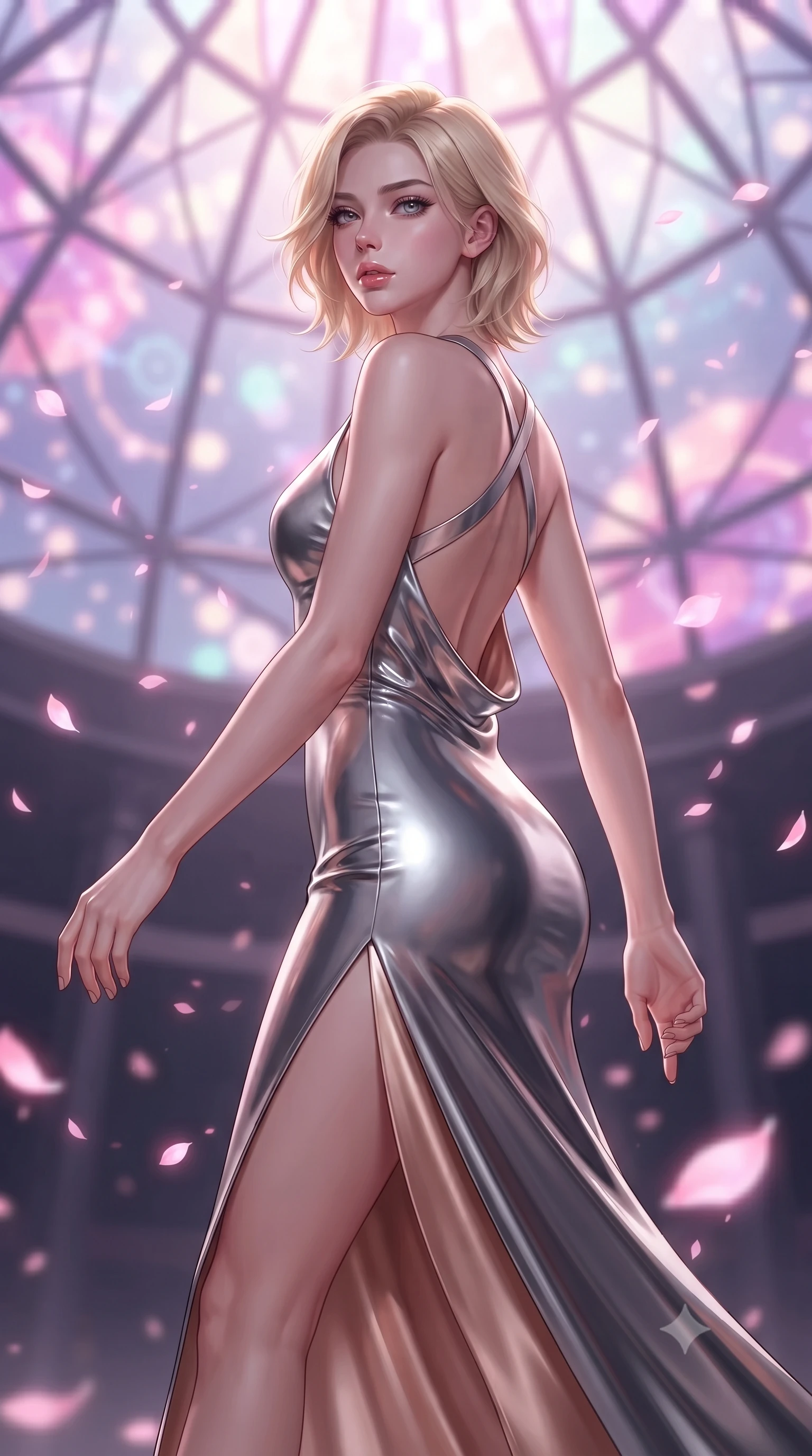 score_9, masterpiece, best quality, ultra-detailed, high-budget anime keyframe, editorial fashion photography, tasteful artistic composition, Caucasian woman. close-up cowboy shot from the waist and thighs up, the character dominates the composition, filling the frame with her large presence. looking into the camera lens with intense, captivating depth, softly parted glossy lips and thick eyelashes framing her ethereal gaze while striding gracefully beneath a soaring geometric cybernetic stained-glass dome as glowing pink digital sakura petals swirl around her. The composition keeps background elements in soft focus with creamy bokeh. swirling digital sakura petals and glowing stained-glass dome facets blurred into dreamy magenta and pastel pink bokeh. She has an exceptionally elegant, slender, and willowy female figure with an ultra-slim waist, a gracefully sculpted slender torso, toned flat midriff, and a refined slim silhouette. sharp v-shaped jawline, high-bridge nose, intricate jewel-like eyes with depth, thick eyelashes, glossy lips with a natural sheen, flawlessly proportioned anatomical accuracy, strict slender model proportions, natural body alignment, perfectly sculpted long slender limbs, ultra-slim waistline, clean dynamic posture without body distortion. wearing a precision-fitted liquid jersey bodycon gown in radiant chrome and white, featuring an open cowl back and high side slit in sculpted rose gold and luminescent champagne ivory, crafted from ultra-reflective second-skin liquid metal with a mirror-like polish, complemented by criss-cross back straps highlighting her completely bare spine, the glove-like aerodynamic second-skin fit tightly clinging to her ultra-slender waist and athletic curves without adding bulk, accentuating her razor-sharp statuesque lines and slim hourglass silhouette. illuminated by crisp white key light and sharp specular highlights tracing her sculpted silhouette. ultra-reflective glossy finish, specular highlights, dark metallic sheen, high-contrast stereoscopic depth, volumetric dynamic lighting, 2k, ultra detail, master piece, 9:16 ratio