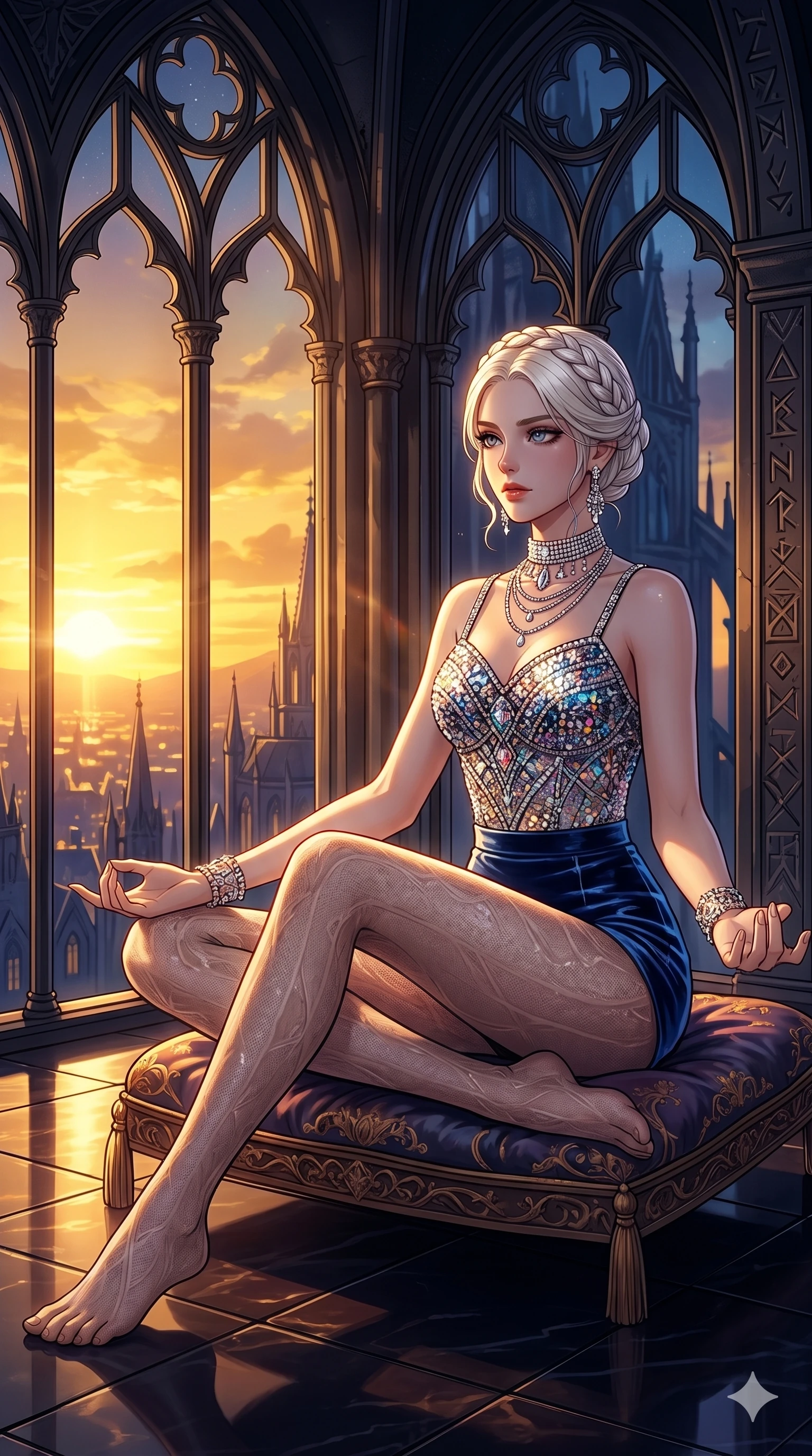 score_9, masterpiece, best quality, ultra-detailed, high-budget anime movie keyframe, cinematic anime lighting, intricate line art, Caucasian (strictly human ears) woman. Dynamic full-body shot stretching the vertical silhouette across the 9:16 frame. meditating peacefully in a gothic obsidian tower during a golden sunset. She has an absolutely perfect 8-heads proportion, an exceptionally tall and slender female figure with an ultra-slim waist and impossibly long slender legs. sharp v-shaped jawline, high-bridge nose, intricate jewel-like eyes, thick eyelashes, glossy lips. Wearing luxurious K-pop idol stage outfit featuring a sparkling sequined bodice, velvet shorts, and elegant tights, accessorized with crystal chokers. The scene is illuminated by dramatic atmospheric lighting and vibrant color palettes. , 2k, ultra detail, master piece, 9:16 ratio