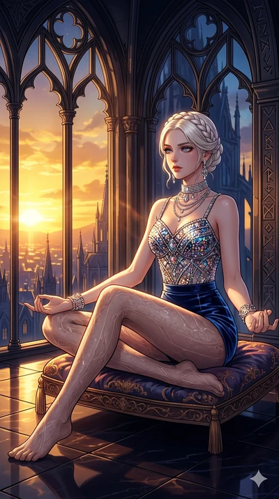 score_9, masterpiece, best quality, ultra-detailed, high-budget anime movie keyframe, cinematic anime lighting, intricate line art, Caucasian (strictly human ears) woman. Dynamic full-body shot stretching the vertical silhouette across the 9:16 frame