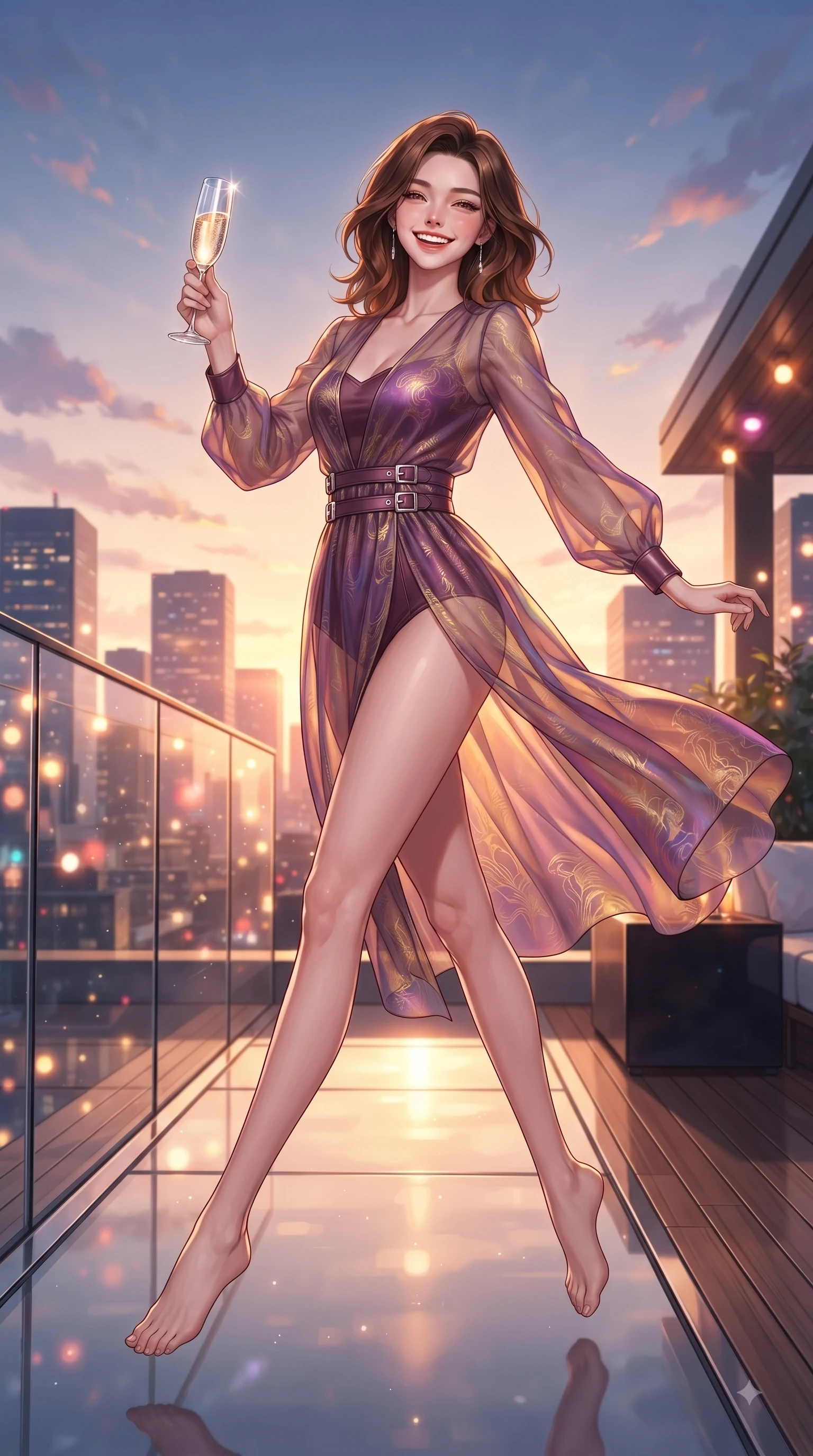 score_9, masterpiece, best quality, ultra-detailed, high-budget anime keyframe, editorial fashion photography, tasteful artistic composition, Korean woman. low angle full-body shot from head to toe showing her feet, filling the entire 9:16 vertical frame with her statuesque presence, stretching her vertical silhouette. leaping with pure joy through mid-air with a radiant bright smile, her impossibly long slender legs stretched in perfect balance while raising a crystal glass with a radiant bright smile during a sunset rooftop celebration, sleek glass and wood terrace textures reflecting warm party light beams. She has an absolutely perfect, statuesque 8.5-heads proportion, an exceptionally tall and slender model-like female figure with impossibly long slender legs and an ultra-slim waist. sharp v-shaped jawline, high-bridge nose, intricate jewel-like eyes with depth, thick eyelashes, glossy lips with a natural sheen, flawlessly proportioned anatomical accuracy, natural body alignment, perfectly sculpted elegant limbs, clean dynamic posture without body distortion. wearing a semi-opaque sheer overlay dress over a leather micro-bodysuit in plum purple and gold filigree, crafted from iridescent chiffon that shifts colors in the light, detailed with polished silver buckles along the waistline, the form-contouring material highlighting her ultra-slim waist and long lines. illuminated by cheerful city skyline backlighting and vibrant rim lights. ultra-reflective glossy finish, specular highlights, metallic sheen, high-contrast stereoscopic depth, volumetric dynamic lighting, 2k, ultra detail, master piece, 9:16 ratio