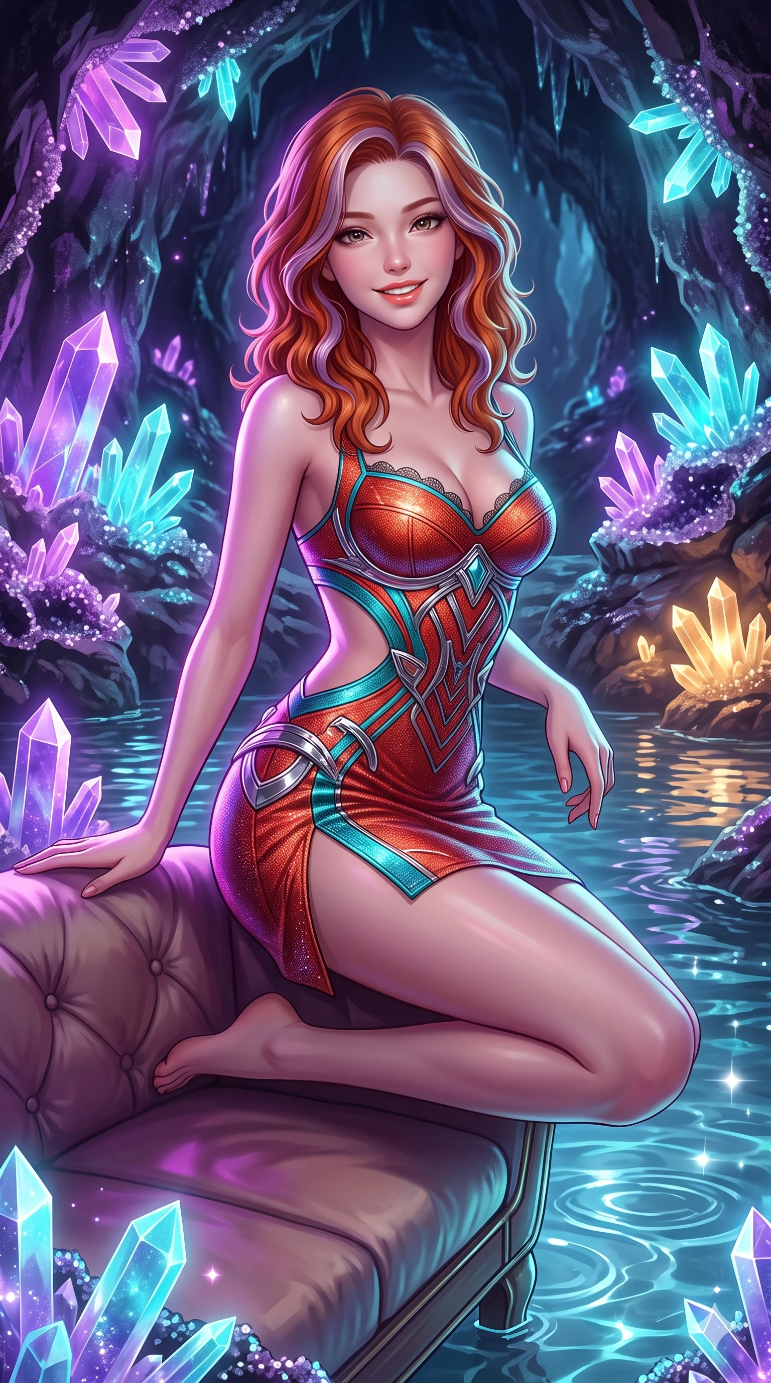 score_9, masterpiece, best quality, ultra-detailed, high-budget anime keyframe, semi-realistic 3D game render, editorial fashion photography, tasteful artistic composition, Caucasian woman. close-up cowboy shot from the waist and thighs up, the character dominates the composition, filling the frame with her large presence. perched sideways on the lounge seat, one knee drawn up to showcase her slender leg line while her arched back accentuates her feminine hip curve while twisting her slender torso in an alluring contrapposto stance, purple and cyan crystal luminescence tracing dynamic highlights across her narrow waist and curvy hips. The surrounding environment is rendered in vivid detail and crisp panoramic clarity: sharp geometric quartz crystal termination faces, sparkling geode crust textures, and clear water ripples in deep focus. She has an exceptionally elegant, slender, and willowy female figure with an ultra-slim waist, flat toned midriff, narrow ribcage, and sculpted feminine hips creating an alluring, slim hourglass silhouette without bulk. sharp v-shaped jawline, high-bridge nose, intricate jewel-like sparkling eyes with depth, thick eyelashes, glossy parted lips with a natural peach sheen, bright cheerful beaming smile with an enchanting and coquettish sensual glint, exuding both youthful cute charm and seductive allure, flawlessly proportioned anatomical accuracy, strict slender model proportions, natural body alignment, perfectly sculpted long slender limbs, ultra-slim waistline, clean dynamic posture without body distortion. wearing a provocative open-waist cutout mini dress framed by sculptural chrome hardware and thigh-high slit in cyber-shinto vermilion and laser turquoise, woven from stretch metallic lurex jersey casting radiant starlight glints across her curves, finished with scalloped eyelash lace trim framing her sweetheart neckline with intimate elegance, the impeccably tailored cut draping gracefully along her slender figure with aristocratic poise. bathed in the natural phosphorescent glow of ultraviolet and cyan crystals combined with warm mineral pool LEDs. highly saturated vibrant anime colors, detailed shading with soft gradients, rich glossy textures, high-contrast stereoscopic depth, volumetric dynamic lighting, master piece, 9:16 ratio