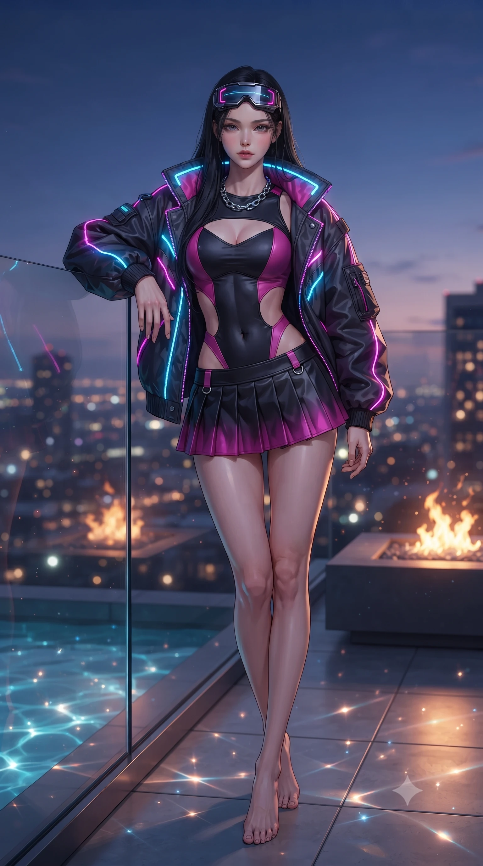 score_9, masterpiece, best quality, ultra-detailed, high-budget anime keyframe, editorial fashion photography, tasteful artistic composition, Korean woman. low angle full-body shot from head to toe showing her feet, filling the entire 9:16 vertical frame with her statuesque presence, stretching her vertical silhouette. standing poised with one hip cocked in an alluring high-fashion pose, her tall 8.5-heads proportions dominating the scene while leaning against the seamless glass barrier of an ultra-luxury penthouse terrace overlooking a sparkling city skyline at dusk. The composition keeps background elements in soft focus with creamy bokeh. shimmering pool caustics and city neon reflections scattering radiant light motes across the deck. She has an absolutely perfect, statuesque 8.5-heads proportion, an exceptionally tall and slender model-like female figure with impossibly long slender legs, a toned flat midriff, and an ultra-slim waist. sharp v-shaped jawline, high-bridge nose, intricate jewel-like eyes with depth, thick eyelashes, glossy lips with a natural sheen, captivating and magnetic expression, flawlessly proportioned anatomical accuracy, strict slender model proportions, natural body alignment, perfectly sculpted long slender limbs, ultra-slim waistline, clean dynamic posture without body distortion. wearing a daring cutout cyberpunk bodysuit paired with an oversized neon-accented bomber jacket and pleated micro-skirt in matte black and vivid magenta, tailored from second-skin aerodynamic stretch vinyl and insulated satin, accessorized with a chunky silver chain necklace and cyber-visor goggles resting on her brow edition #14, the glove-like aerodynamic second-skin fit tightly clinging to her ultra-slender waist and athletic curves without adding bulk, accentuating her razor-sharp statuesque lines and slim hourglass silhouette. bathed in twilight indigo sky tones and warm amber rooftop fire pit glow. ultra-reflective glossy finish, specular highlights, rich textural contrasts, high-contrast stereoscopic depth, volumetric dynamic lighting, 2k, ultra detail, master piece, 9:16 ratio