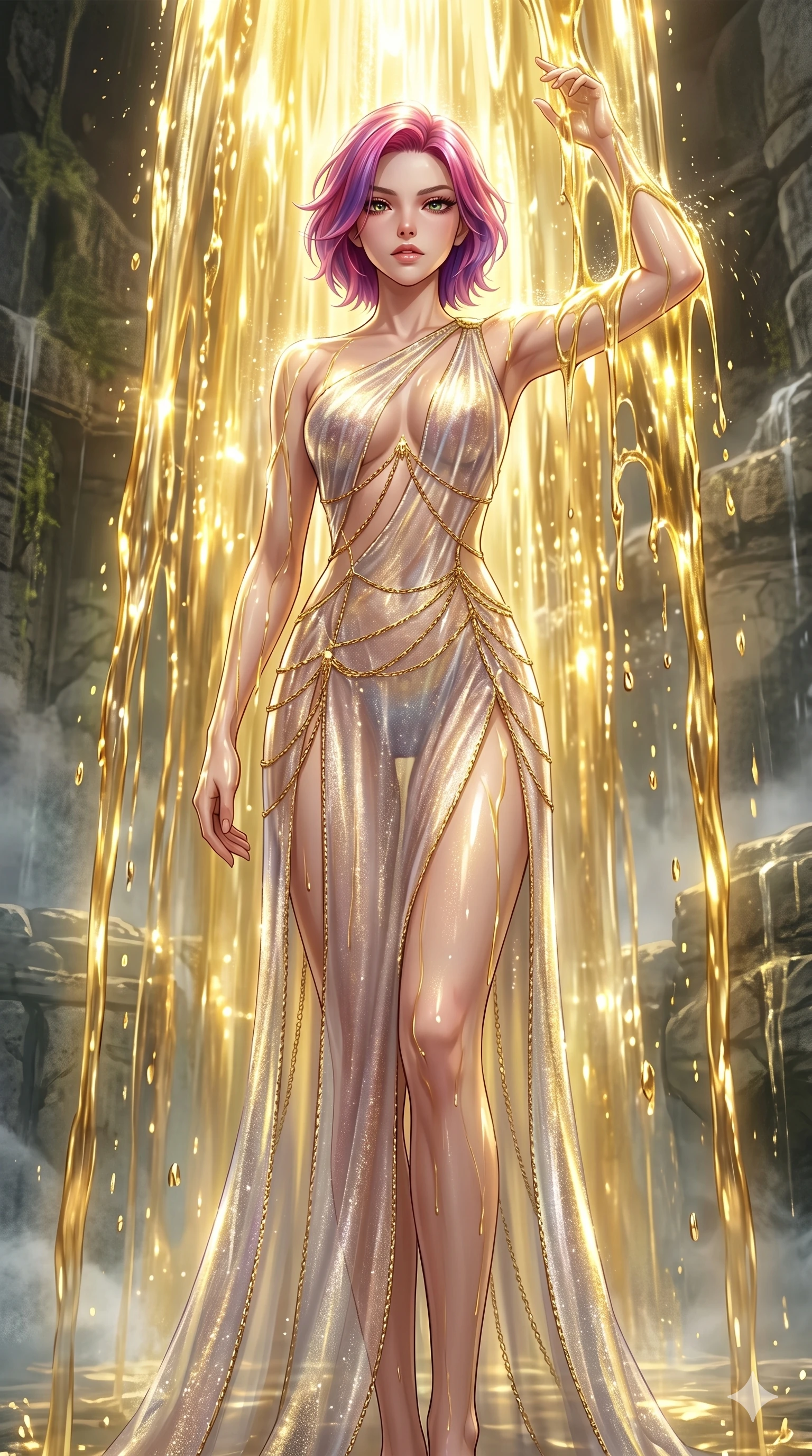 score_9, masterpiece, best quality, ultra-detailed, High-budget Anime Keyframe, East Asian woman. Low angle cowboy shot filling the entire 9:16 frame with her statuesque presence. Scenario 199: Standing under a waterfall of liquid gold, the fluid coating her form. Her presence is magnetic and overpowering in this high-budget anime scene. Outfit 199: A shimmering chiffon sheer with a thigh-high slit and fine gold chains. The clothing is designed to emphasize her exceptionally tall and slender 8-heads proportion. 8-heads proportion, towering silhouette, ultra-slim waist. sharp v-shaped jawline, intricate jewel-like eyes with depth, thick eyelashes, glossy lips. 2k, ultra detail, master piece, 9:16 ratio