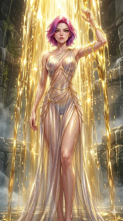 score_9, masterpiece, best quality, ultra-detailed, High-budget Anime Keyframe, East Asian woman. Low angle cowboy shot filling the entire 9:16 frame with her statuesque presence. Scenario 199: Standing under a waterfall of liquid gold, the fluid coa
