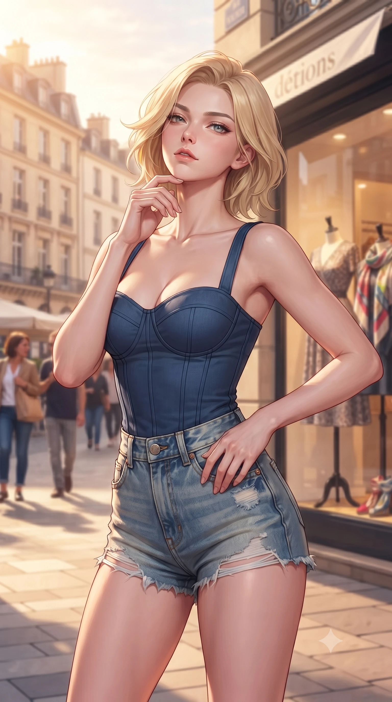 score_9, masterpiece, best quality, ultra-detailed, high-budget anime keyframe, editorial fashion photography, tasteful artistic composition, Caucasian woman. close-up cowboy shot from the waist and thighs up, the character dominates the composition, filling the frame with her large presence, background elements kept in soft focus. tilting her chin up with a composed yet magnetic gaze under long dark eyelashes set against a soft-focus background of in a trendy urban plaza filled with designer cafes and clothing boutiques with stylish shopping window displays showing chic clothes in soft focus behind her. She has an exceptionally elegant, slender, and willowy female figure with an ultra-slim waist, a gracefully sculpted slender torso, and a refined silhouette. sharp v-shaped jawline, high-bridge nose, intricate jewel-like eyes with depth, thick eyelashes, glossy lips with a natural sheen. wearing tailored tailored cotton bustier top paired with high-waist denim shorts. soft morning sun rays painting the street in a fresh, energetic gold tone. highly saturated vibrant anime colors, detailed shading with soft gradients, rich glossy textures, high-contrast stereoscopic depth, volumetric dynamic lighting, master piece, 9:16 ratio