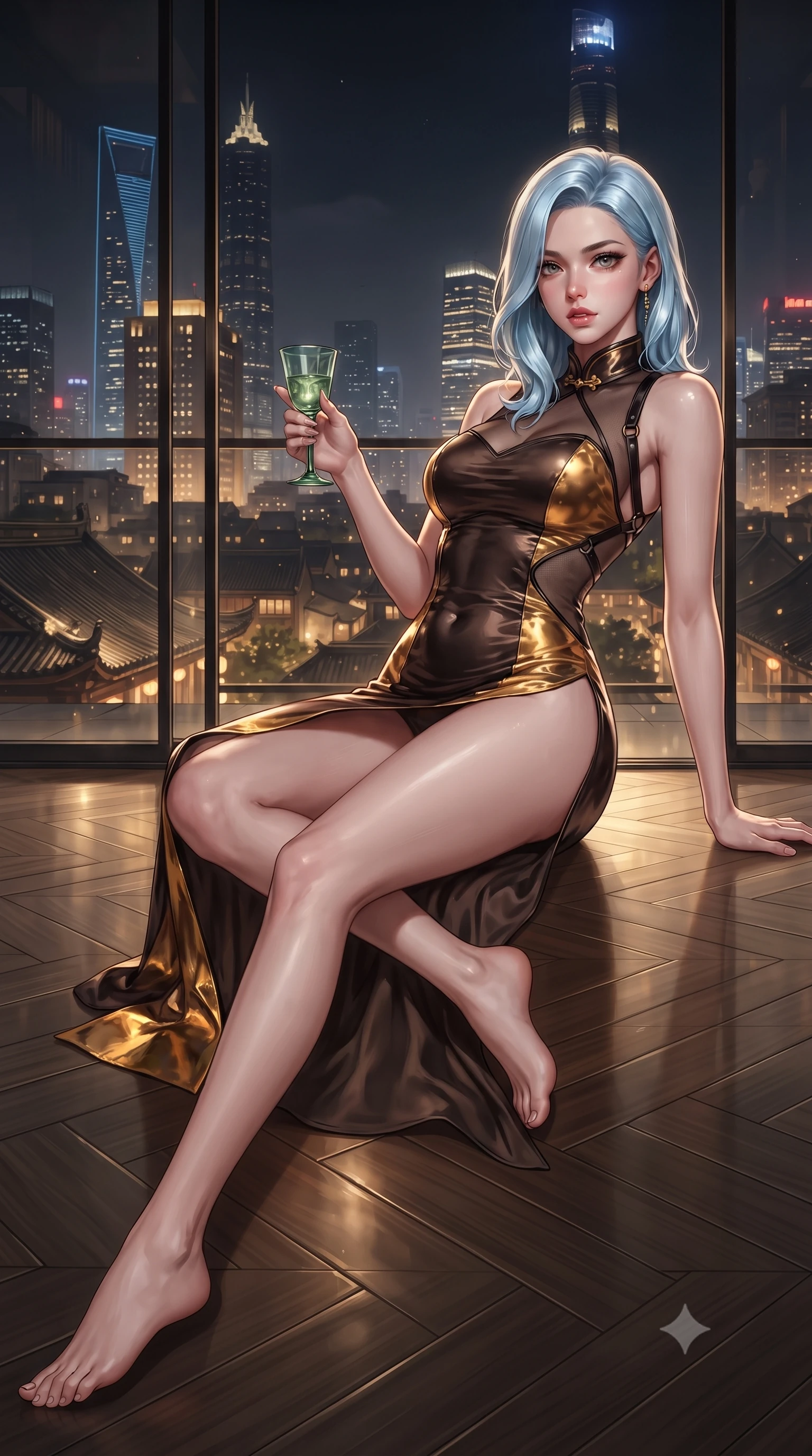 score_9, masterpiece, best quality, ultra-detailed, high-budget anime keyframe, editorial fashion photography, tasteful artistic composition, Korean woman. low angle full-body shot from head to toe showing her feet, filling the entire 9:16 vertical frame with her statuesque presence, stretching her vertical silhouette. reclining on her side in an elegant Cleopatra pose with one knee drawn up, the dramatic contour of her rounded hips and long slender legs commanding the 9:16 vertical frame while standing poised on the high-gloss parquet terrace, twisting her slender torso in an alluring S-curve while holding a jade-stemmed glass. The surrounding environment is rendered in vivid detail and crisp panoramic clarity. rich high-contrast Shanghai modern noir chiaroscuro and ultra-luxury Oriental grand touring aesthetics in precision. She has an exceptionally tall and slender model-like 8.5-heads proportion, an ultra-slim waist, a flat toned midriff, narrow delicate ribcage, and beautifully sculpted feminine hips creating a graceful, slim hourglass silhouette without any bulky heaviness, with impossibly long slender legs. sharp v-shaped jawline, high-bridge nose, intricate jewel-like eyes with depth, thick eyelashes, glossy parted lips with a natural sheen, intensely captivating and seductive bedroom-eyes expression, flawlessly proportioned anatomical accuracy, strict slender model proportions, natural body alignment, perfectly sculpted long slender limbs, ultra-slim waistline, clean dynamic posture without body distortion. wearing a wet-look silk fusion wrap dress with asymmetrical sheer mesh cutouts and high Mandarin collar in dark espresso brown and molten gold foil, tailored from liquid silk jersey adhering flawlessly to her slender build, featuring an open-back criss-cross harness strap in dark leather, the glove-like aerodynamic silhouette tightly following the natural contour of her hips and long slender legs with statuesque 8.5-heads elegance. surrounded by a sovereign, enigmatic, and breathlessly seductive Shanghai heiress aura. ultra-reflective glossy finish, specular highlights, rich textural contrasts, high-contrast stereoscopic depth, volumetric dynamic lighting, 2k, ultra detail, master piece, 9:16 ratio