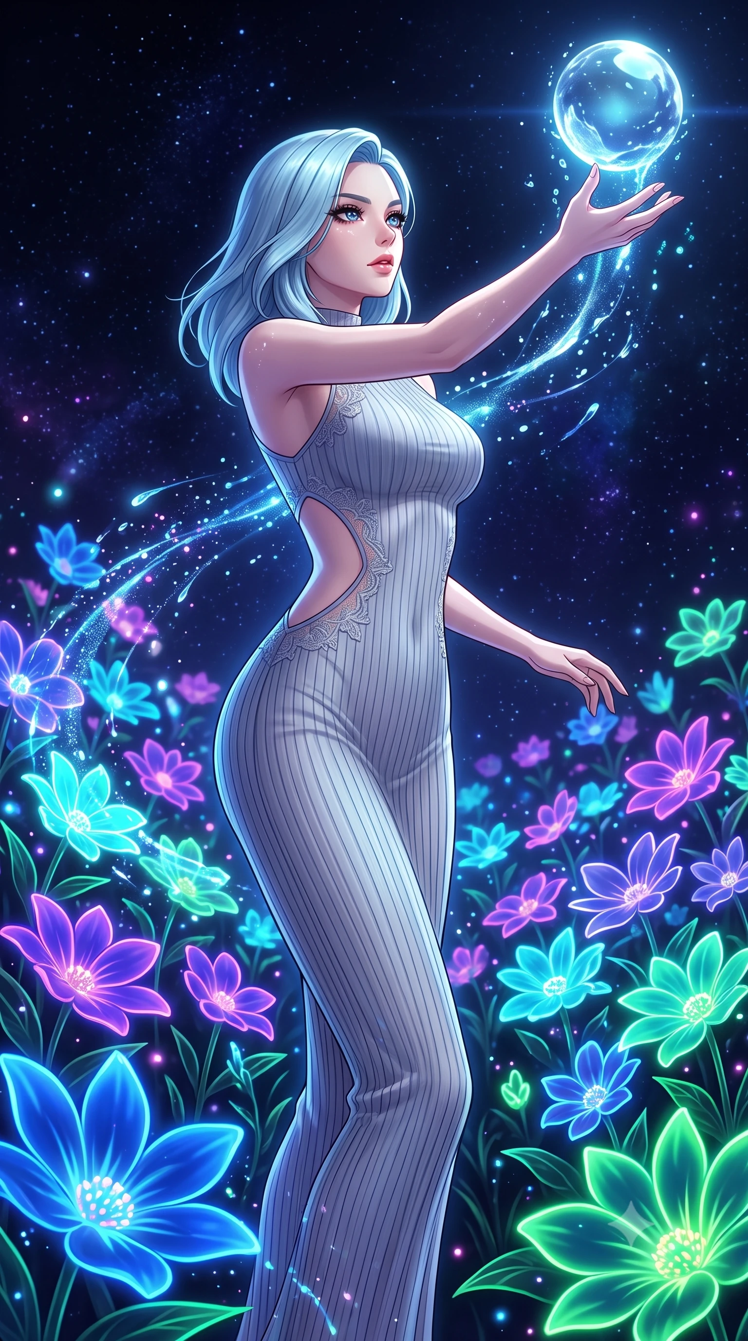 score_9, masterpiece, best quality, ultra-detailed, High-budget Anime Keyframe, East Asian woman. Dynamic full-body shot stretching the vertical silhouette to the limit. Scenario 320: reaching out to catch a floating sphere of liquid light in a virtual garden where neon flowers bloom in the dark. Her presence is magnetic and overpowering in this high-budget anime scene. Outfit 320: a body-hugging ribbed bodycon knit bare with a strategic side cut-outs and delicate lace embroidery. The clothing is designed to emphasize her exceptionally tall and slender 8-heads proportion. 8-heads proportion, towering silhouette, ultra-slim waist. sharp v-shaped jawline, intricate jewel-like eyes with depth, thick eyelashes, glossy lips. 2k, ultra detail, master piece, 9:16 ratio
