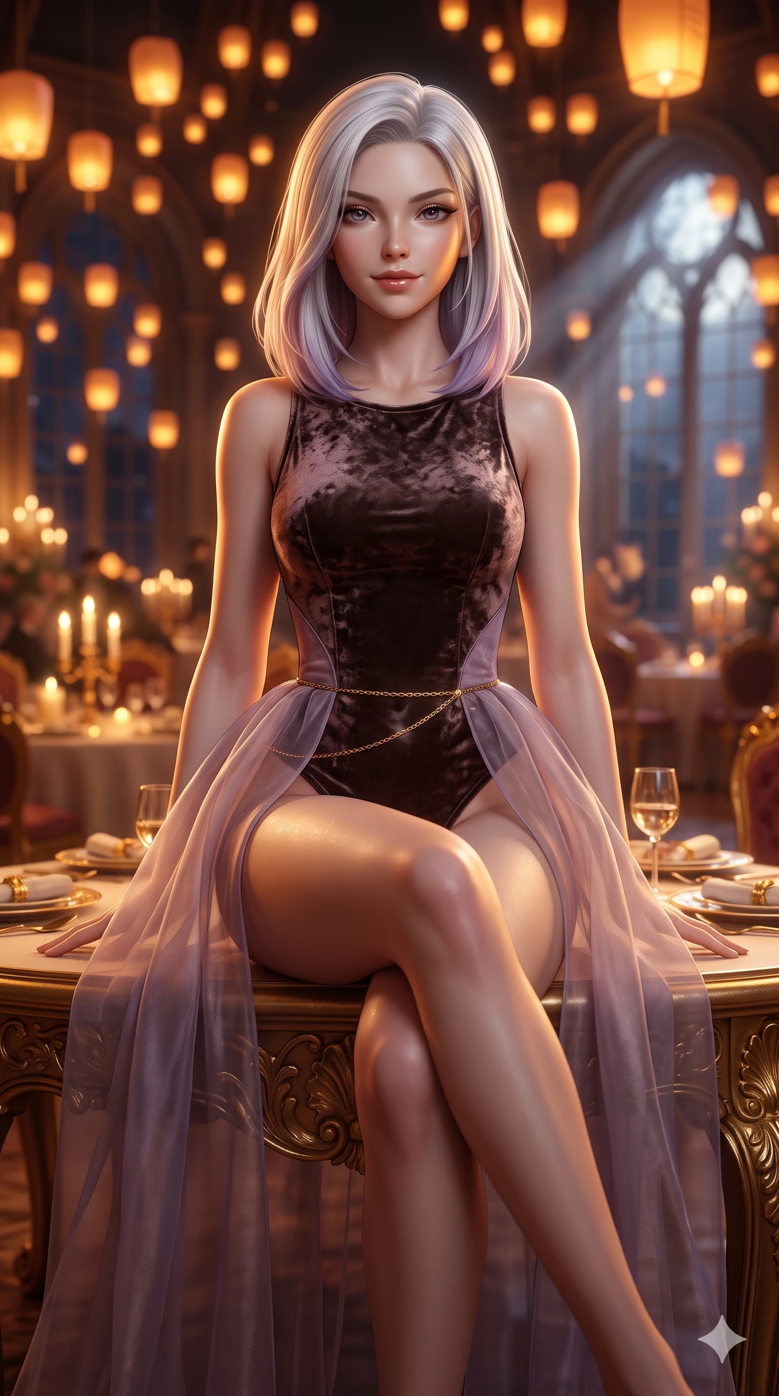 score_9, masterpiece, best quality, ultra-detailed, high-budget anime keyframe, semi-realistic 3D game render, editorial fashion photography, tasteful artistic composition, Caucasian woman. close-up cowboy shot from the waist and thighs up, the character dominates the composition, filling the frame with her large presence. smiling with quiet, magnetic self-assurance directly into the camera, her sculpted waistline catching specular moonbeam highlights while perched on the edge of the gilded banquet table with legs crossed, leaning close with sparkling eyes and an intoxicating siren smile. The background shows a soft-focus opulent royal palace banquet hall softened in festive nocturnal shallow focus. She has an exceptionally elegant, slender, and willowy female figure with an ultra-slim waist, flat toned midriff, narrow ribcage, and sculpted feminine hips creating an alluring, slim hourglass silhouette without bulk. sharp v-shaped jawline, high-bridge nose, sparkling eyes with hypnotic seductive depth, thick curled eyelashes, glossy parted lips with a natural dewy peach sheen, alluring bedroom-eyes with an enchanting coquettish smile, exuding magnetic siren charisma and sophisticated glamour, flawlessly proportioned anatomical accuracy, strict slender model proportions, natural body alignment, perfectly sculpted long slender limbs, ultra-slim waistline, clean dynamic posture without body distortion. wearing a provocative sheer nobang organza wrap overskirt layered over a form-fitting silk leotard with bare hip flanks in vintage bronze patina and pale wisteria lilac, tailored from crushed dark velvet with deep light-absorbing plush texture, finished with a dainty gold belly chain resting across her flat midriff and curving hips, the glove-like clinging cut tightly following the natural contour of her hips and long slender legs with youthful 8.5-heads elegance. bathed in the warm, glorious amber glow of hundreds of floating silk lanterns casting flattering dimensional illumination. highly saturated vibrant anime colors, detailed shading with soft gradients, rich glossy textures, high-contrast stereoscopic depth, volumetric dynamic lighting, master piece, 9:16 ratio