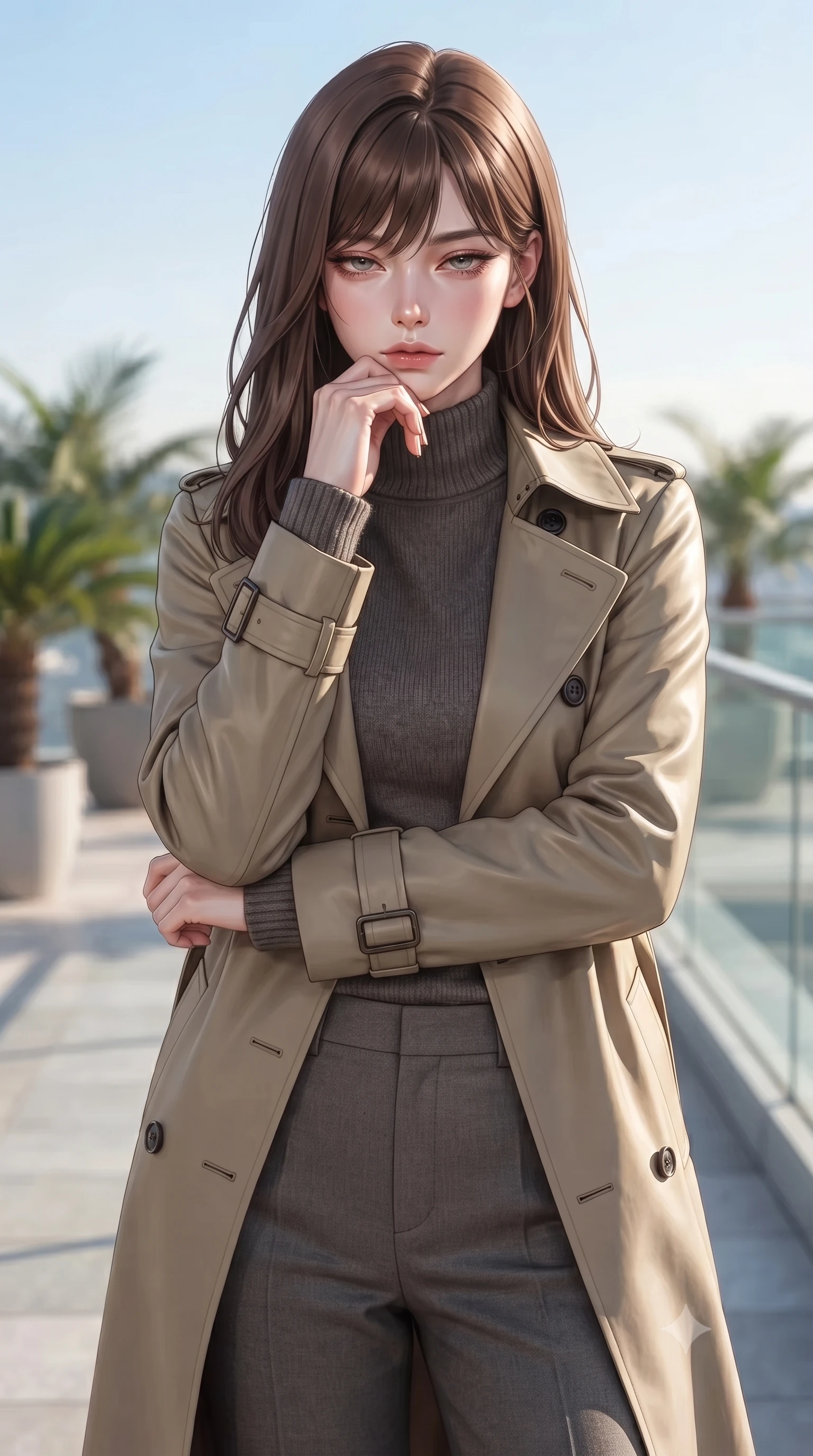 score_9, masterpiece, best quality, ultra-detailed, high-budget anime keyframe, editorial fashion photography, tasteful artistic composition, Korean woman. close-up cowboy shot from the waist and thighs up, the character dominates the composition, filling the frame with her large presence, background elements kept in soft focus. resting her chin on the backs of her fingers, casting a heavy-lidded, sultry look past the camera the background shows a soft-focus a high-rise helipad balcony decorated with potted palms and glass railings. She has an exceptionally elegant, slender, and willowy female figure with an ultra-slim waist, a gracefully sculpted slender torso, and a refined silhouette. sharp v-shaped jawline, high-bridge nose, intricate jewel-like eyes with depth, thick eyelashes, glossy lips with a natural sheen. wearing a tailored tailored trench coat in khaki cotton, worn closed over a high-neck dark grey knit sweater and trousers. bright morning sun rays creating fresh and energetic shadows. ultra-reflective glossy finish, specular highlights, metallic sheen, high-contrast stereoscopic depth, volumetric dynamic lighting, 2k, ultra detail, master piece, 9:16 ratio