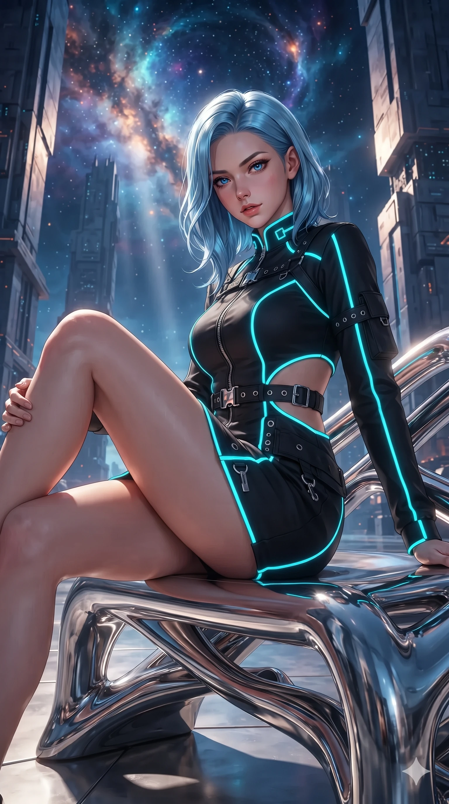 score_9, masterpiece, best quality, ultra-detailed, high-budget anime keyframe, editorial fashion photography, tasteful artistic composition, Korean woman. close-up cowboy shot from the waist and thighs up, the character dominates the composition, filling the frame with her large presence. perched sideways on the pilot seat, one knee drawn up to showcase her slender leg line while her arched back accentuates her feminine hip curve while sitting gracefully on the sculptural chrome bench with legs crossed, flashing an enchanting smile with parted glossy lips under the canopy of a thousand newborn stars. The surrounding environment is rendered in vivid detail and crisp panoramic clarity: detailed cybernetic pilot suit tailoring, magnetic holster clasps, and monumental astrophysical architecture in razor-sharp precision. She has an exceptionally elegant, slender, and willowy female figure with an ultra-slim waist, flat toned midriff, narrow ribcage, and sculpted feminine hips creating an alluring, slim hourglass silhouette without bulk. sharp v-shaped jawline, high-bridge nose, intricate jewel-like sparkling eyes with depth, thick eyelashes, glossy parted lips with a natural sheen, bright confident smile with an enchanting and coquettish sensual glint, exuding both youthful magnetic charm and sovereign high-tech allure, flawlessly proportioned anatomical accuracy, strict slender model proportions, natural body alignment, perfectly sculpted long slender limbs, ultra-slim waistline, clean dynamic posture without body distortion. wearing a provocative open-waist cutout tactical mini dress framed by sculptural chrome hardware and thigh-high slit in matte obsidian black and glowing neon cyan trim, made of flexible bullet-resistant ballistic microfiber with high-tensile strength, accented with a chrome-drop body harness subtly framing her dewy collarbones and spine, the form-fitting tactical tailoring adhering flawlessly to her sculpted flat midriff and slender torso, emphasizing her long leg lines and perfectly proportioned willowy build. bathed in the soft, multi-colored omnidirectional glow of glowing stellar nebulae combined with crisp under-floor floor uplights. ultra-reflective glossy finish, specular highlights, rich textural contrasts, high-contrast stereoscopic depth, volumetric dynamic lighting, 2k, ultra detail, master piece, 9:16 ratio