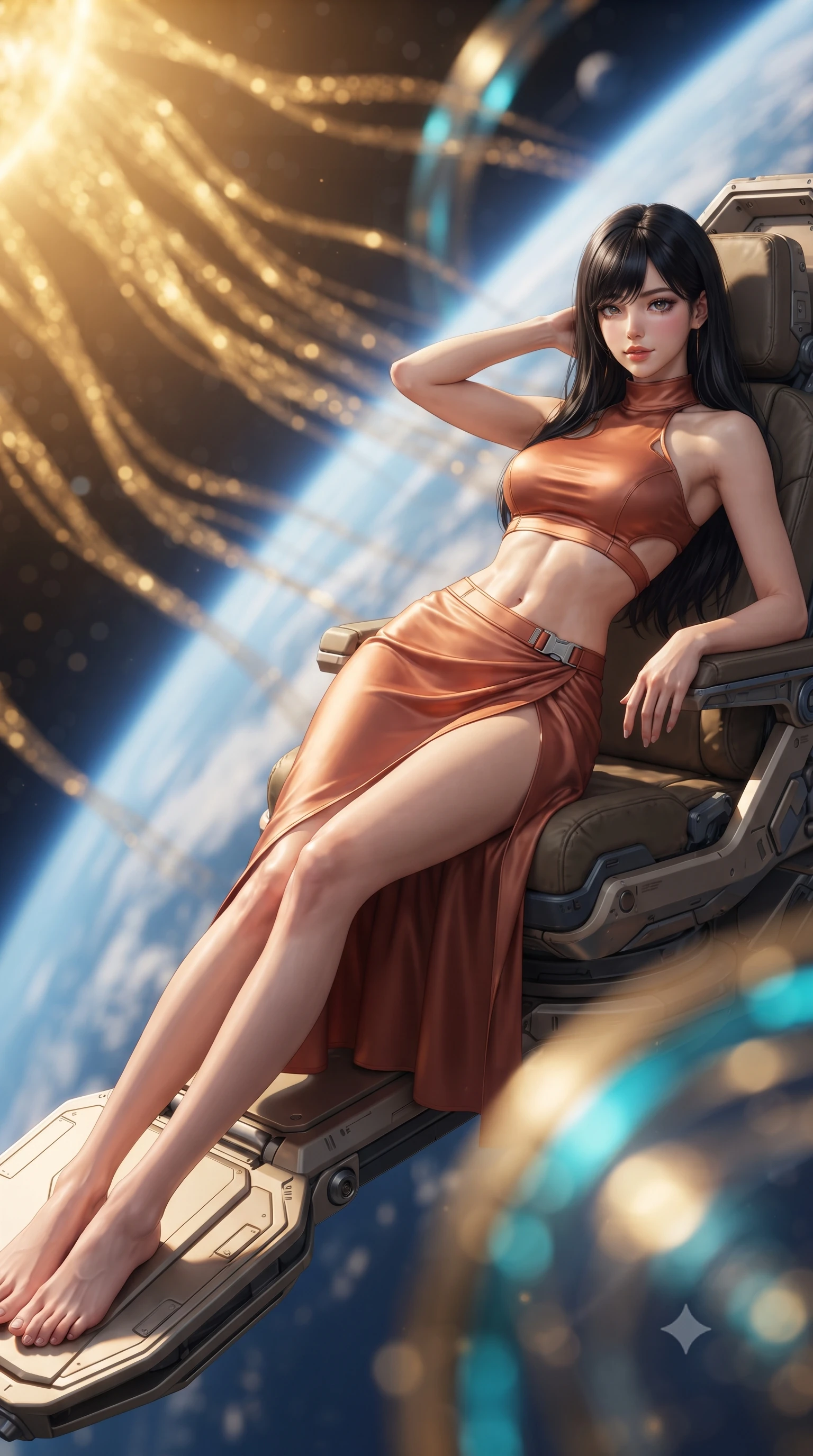 score_9, masterpiece, best quality, ultra-detailed, high-budget anime keyframe, editorial fashion photography, tasteful artistic composition, Caucasian woman. low angle full-body shot from head to toe showing her feet, filling the entire 9:16 vertical frame with her statuesque presence, stretching her vertical silhouette. lounging on the lavish daybed with legs crossed and hips angled toward the camera, displaying her toned midriff and long slender limbs with effortless siren poise while lounging gracefully across the exterior maintenance pod seat propped on one elbow with legs extended, displaying her long slender limbs and statuesque hourglass silhouette. The background shows a soft-focus shimmering golden solar wind streamers, curving atmospheric blue limb of Earth, and spinning quantum sensor rings blurred into gold, cyan, and deep sapphire bokeh. She has an exceptionally tall and slender model-like 8.5-heads proportion, an ultra-slim waist, a flat toned midriff, narrow delicate ribcage, and beautifully sculpted feminine hips creating a graceful, slim hourglass silhouette without any bulky heaviness, with impossibly long slender legs. sharp v-shaped jawline, high-bridge nose, intricate jewel-like sparkling eyes with depth, thick eyelashes, glossy parted lips with a natural peach sheen, bright cheerful beaming smile with an enchanting and coquettish sensual glint, exuding both youthful cute charm and seductive allure, flawlessly proportioned anatomical accuracy, strict slender model proportions, natural body alignment, perfectly sculpted long slender limbs, ultra-slim waistline, clean dynamic posture without body distortion. wearing an alluring tactical crop top with asymmetrical side-rib cutouts and high-neck collar paired with a high-slit wrap skirt in Martian desert terracotta and dust-storm gold, crafted from fluid liquid silk satin that clings smoothly to her narrow waist and rounded hips with a dewy sheen, finished with sleek magnetic buckle closures fluttering in the breeze, the second-skin tailored fabric adhering flawlessly to her sculpted flat midriff and slender torso, emphasizing her long leg lines and perfectly proportioned willowy build. bathed in the blinding warm golden 3500K solar radiance filtered through polarizing helmet smart-glass. ultra-reflective glossy finish, specular highlights, rich textural contrasts, high-contrast stereoscopic depth, volumetric dynamic lighting, 2k, ultra detail, master piece, 9:16 ratio