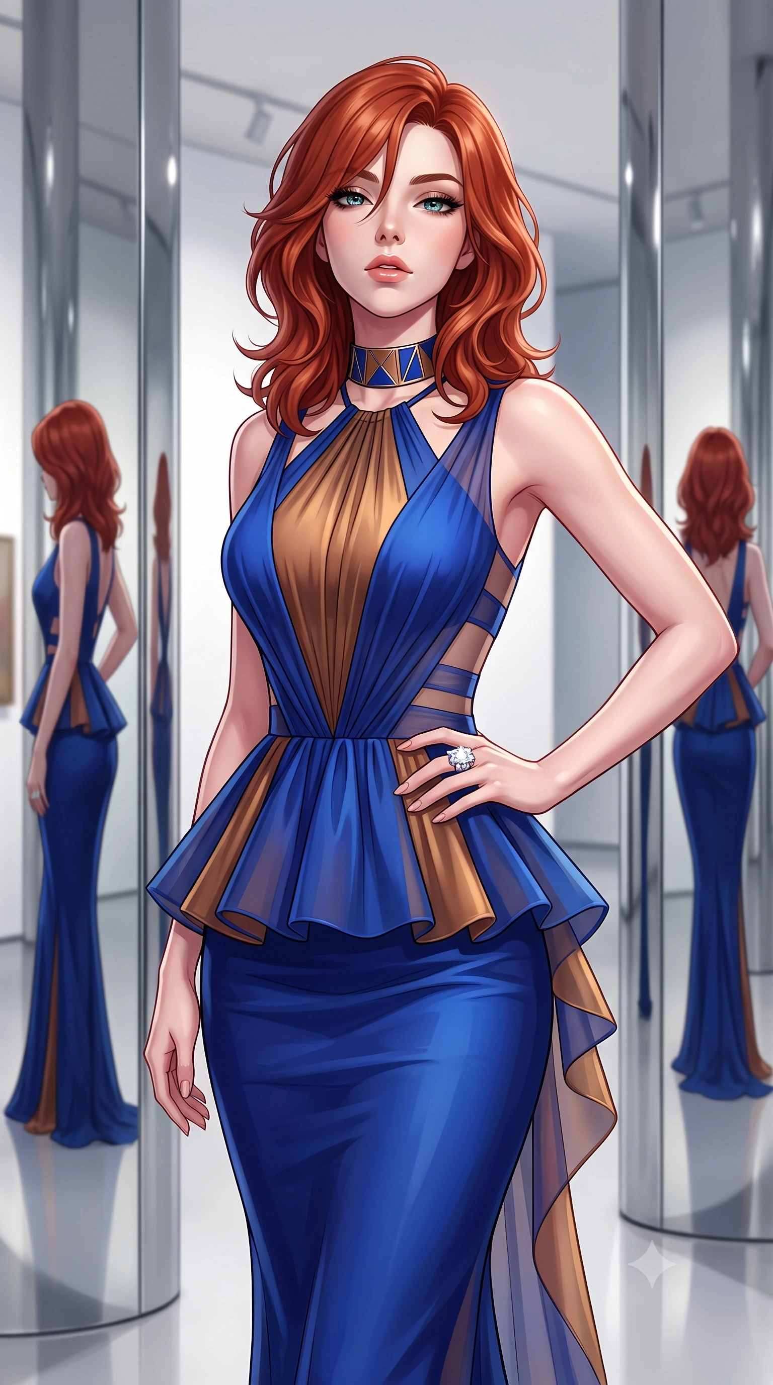 score_9, masterpiece, best quality, ultra-detailed, high-budget anime keyframe, semi-realistic 3D game render, editorial fashion photography, tasteful artistic composition, Korean woman. close-up cowboy shot from the waist and thighs up, the character dominates the composition, filling the frame with her large presence. tilting her chin up with proud, sovereign allure while gazing through thick eyelashes, one hand resting on her waist in pure supermodel charisma while standing poised between mirror-finished stainless steel columns, her graceful hourglass silhouette multiplied into infinite reflections. The composition keeps background elements in soft focus with creamy bokeh. high-ceiling gallery partition walls and polished epoxy floors softened in artistic shallow focus. She has an exceptionally elegant, slender, and willowy female figure with an ultra-slim waist, flat toned midriff, narrow ribcage, and sculpted feminine hips creating an alluring, slim hourglass silhouette without bulk. sharp v-shaped jawline, high-bridge nose, intricate jewel-like eyes with depth, thick eyelashes, glossy parted lips with a natural sheen, intensely captivating and seductive bedroom-eyes expression, flawlessly proportioned anatomical accuracy, strict slender model proportions, natural body alignment, perfectly sculpted long slender limbs, ultra-slim waistline, clean dynamic posture without body distortion. wearing a structural geometric peplum gown with sheer side-ribbon cutouts and form-fitting skirt in royal sapphire blue and liquid bronze, woven from layered gossamer chiffon with a weightless sweeping drape, complemented by a bold geometric choker and sparkling cocktail ring, the second-skin form-contouring cut accentuating her sculpted flat midriff, narrow delicate ribcage, and gracefully curvy hips with supermodel precision. surrounded by a sophisticated, avant-garde, and dangerously seductive art-world muse aura. highly saturated vibrant anime colors, detailed shading with soft gradients, rich glossy textures, high-contrast stereoscopic depth, volumetric dynamic lighting, master piece, 9:16 ratio