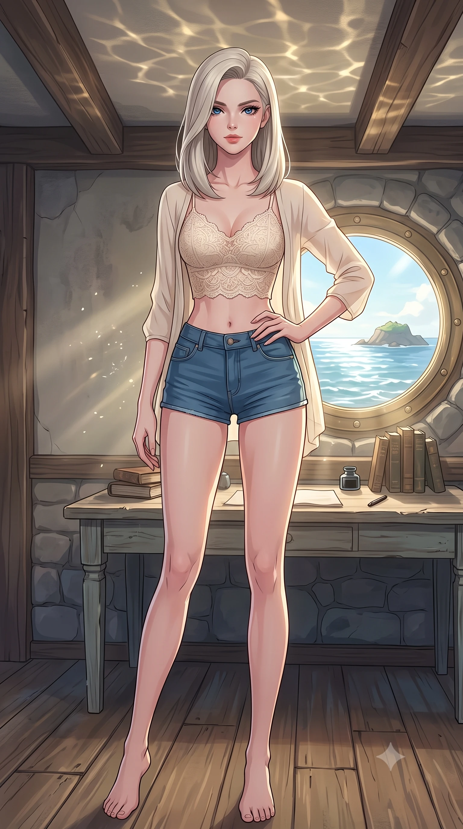 score_9, masterpiece, best quality, ultra-detailed, high-budget anime keyframe, tasteful artistic composition, Caucasian woman. low angle full-body shot from head to toe showing her feet, filling the entire 9:16 vertical frame with her statuesque presence, stretching her vertical silhouette. posing confidently with one hand on her hip, stretching her statuesque body to emphasize her curves the background shows a soft-focus a quiet writing desk in a seaside cottage, facing a round portlight window looking at the sea. She has an absolutely perfect, statuesque 8.5-heads proportion, an exceptionally tall and slender model-like female figure with impossibly long slender legs and an ultra-slim waist. sharp v-shaped jawline, high-bridge nose, intricate jewel-like eyes with depth, thick eyelashes, glossy lips with a natural sheen. wearing a body-hugging delicate lace crop top in cream, worn under a semi-opaque chiffon cardigan and denim shorts. shimmering sunbeams reflecting from the moving water surface onto the ceiling. highly saturated vibrant anime colors, cel-shading, 2d style, master piece, 9:16 ratio