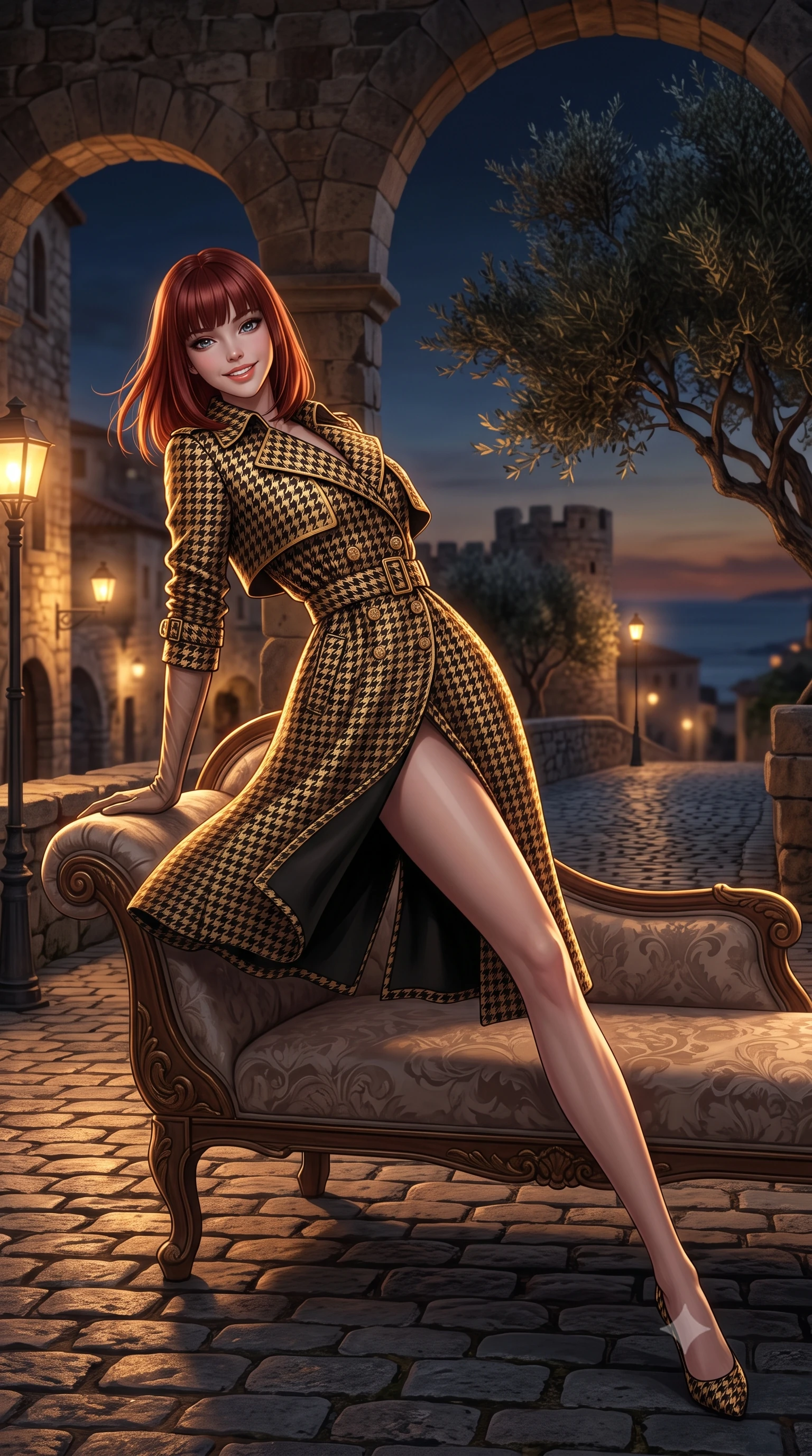score_9, masterpiece, best quality, ultra-detailed, high-budget anime keyframe, semi-realistic 3D game render, editorial fashion photography, tasteful artistic composition, Caucasian woman. low angle full-body shot from head to toe showing her feet, filling the entire 9:16 vertical frame with her statuesque presence, stretching her vertical silhouette. reclining gracefully across the plush chaise lounge with one leg extended, her sculpted silhouette and flat midriff radiating magnetic nocturnal glamour while standing poised on the cobblestone rampart walkway beneath centuries-old stone arches, arching her lower back as nocturnal Mediterranean breezes rustle gnarled olive trees. The background shows a soft-focus medieval cobblestone alleyways illuminated by iron gas lanterns, historic stone bastions, and distant Mediterranean sea horizon blurred into amber, terracotta, and indigo bokeh. She has an exceptionally tall and slender model-like 8.5-heads proportion, an ultra-slim waist, a flat toned midriff, narrow delicate ribcage, and beautifully sculpted feminine hips creating a graceful, slim hourglass silhouette without any bulky heaviness, with impossibly long slender legs. sharp v-shaped jawline, high-bridge nose, intricate jewel-like sparkling eyes with depth, thick eyelashes, glossy parted lips with a natural peach sheen, bright cheerful beaming smile with an enchanting and coquettish sensual glint, exuding both youthful cute charm and seductive allure, flawlessly proportioned anatomical accuracy, strict slender model proportions, natural body alignment, perfectly sculpted long slender limbs, ultra-slim waistline, clean dynamic posture without body distortion. wearing a structured Viennese secessionist houndstooth trench coat with belted waist and storm flaps in Viennese golden secession noir and imperial 24k gold leaf, crafted from bespoke double-faced cashmere with an exceptionally soft tactile finish, complemented by sheer opera-length evening gloves tracing her slender arms, the impeccably tailored cut draping gracefully along her slender figure with aristocratic poise. illuminated by stone ground reflection fill and sharp flame-gold rim lights defining her razor-sharp jawline, narrow waist, and curvy hips. highly saturated vibrant anime colors, detailed shading with soft gradients, rich glossy textures, high-contrast stereoscopic depth, volumetric dynamic lighting, master piece, 9:16 ratio