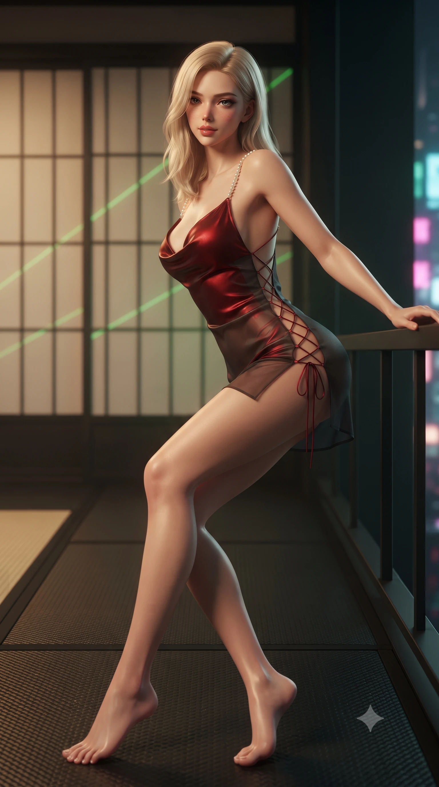 score_9, masterpiece, best quality, ultra-detailed, high-budget anime keyframe, editorial fashion photography, tasteful artistic composition, Caucasian woman. low angle full-body shot from head to toe showing her feet, filling the entire 9:16 vertical frame with her statuesque presence, stretching her vertical silhouette. leaning deep against the balcony balustrade with hips cocked back in an unapologetically alluring high-fashion stance, casting an intoxicating glance while kneeling gracefully on the black carbon-fiber tatami with hips angled back, arching her lower back with breathless traditional-cyber allure. The background shows a soft-focus minimalist sliding shoji screens softened in neo-oriental cyberpunk shallow focus. She has an absolutely perfect, statuesque 8.5-heads proportion, an exceptionally tall and slender model-like female figure with impossibly long slender legs, an ultra-slim waist, a flat toned midriff, narrow delicate ribcage, and beautifully sculpted feminine hips creating a graceful, slim hourglass silhouette without any bulky heaviness. sharp v-shaped jawline, high-bridge nose, sparkling eyes with hypnotic seductive depth, thick curled eyelashes, glossy parted lips with a natural dewy peach sheen, alluring bedroom-eyes with an enchanting coquettish smile, exuding magnetic siren charisma and sophisticated glamour, flawlessly proportioned anatomical accuracy, strict slender model proportions, natural body alignment, perfectly sculpted long slender limbs, ultra-slim waistline, clean dynamic posture without body distortion. wearing a low-cut draped cowl-back satin slip mini dress with dainty pearl spaghetti straps in rich cherry lacquer and smoky charcoal, made of sheer gossamer chiffon that drapes softly against skin with airy translucence, featuring fine criss-cross lace-up side ties revealing tantalizing glimpses of her hip curve, the liquid-tight tailored fabric clinging flawlessly to her narrow waist and rounded feminine hips, emphasizing every millimeter of her sculpted slim hourglass curves without any bulky heaviness. bathed in warm 2800K tea table downlighting mixed with vibrant green laser lattice accents and exterior neon fill. ultra-reflective glossy finish, specular highlights, rich textural contrasts, high-contrast stereoscopic depth, volumetric dynamic lighting, 2k, ultra detail, master piece, 9:16 ratio