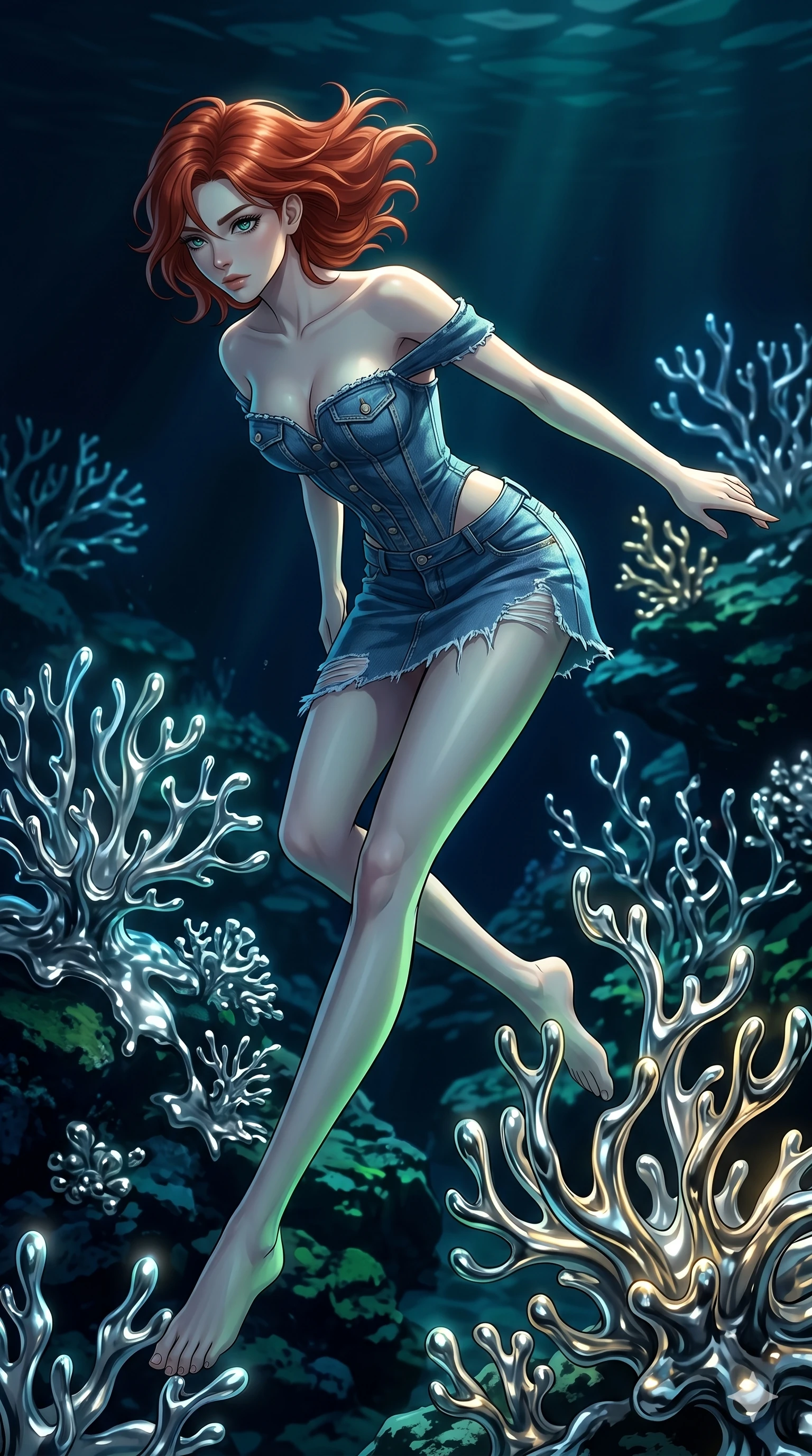 score_9, masterpiece, best quality, ultra-detailed, high-budget anime keyframe, Caucasian woman, strictly human ears. low angle full-body shot filling the entire 9:16 frame with her statuesque presence, stretching the vertical silhouette. diving through a bionic fluid mercury reef where self-replicating liquid chrome corals pulse under dark ocean water. She has an absolutely perfect 8-heads proportion, an exceptionally tall and slender female figure with impossibly long slender legs and an ultra-slim waist. V-shaped jawline, high-bridge nose, intricate jewel-like eyes with depth, thick eyelashes, glossy lips with a natural sheen.. wearing a deconstructed denim corset and an asymmetric ripped denim micro-skirt, showcasing a rugged yet chic off-shoulder style. accented by dynamic color-blocked lighting with high-contrast shadows emphasizing her statuesque height. 2k, ultra detail, master piece, 9:16 ratio