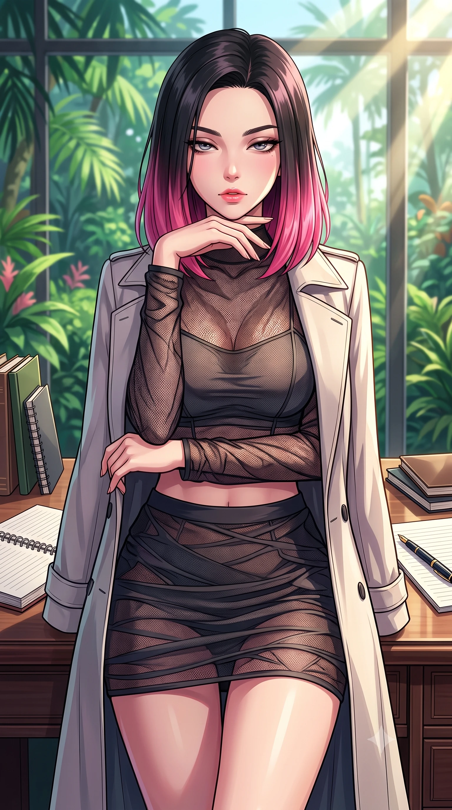 score_9, masterpiece, best quality, ultra-detailed, high-budget anime keyframe, tasteful artistic composition, Korean woman. close-up cowboy shot from the waist and thighs up, the character dominates the composition, filling the frame with her large presence, background elements kept in soft focus. resting her chin on the backs of her fingers, casting a heavy-lidded, sultry look past the camera the background shows a soft-focus a quiet writing desk in a sunroom, facing a tropical botanical garden. She has an exceptionally elegant, slender, and willowy female figure with an ultra-slim waist, a gracefully sculpted slender torso, and a refined silhouette. sharp v-shaped jawline, high-bridge nose, intricate jewel-like eyes with depth, thick eyelashes, glossy lips with a natural sheen. wearing a form-contouring semi-opaque dark mesh crop top paired with a mini skirt, layered with a tailored light trench coat. bright morning sun rays creating fresh and energetic shadows. highly saturated vibrant anime colors, cel-shading, 2d style, master piece, 9:16 ratio