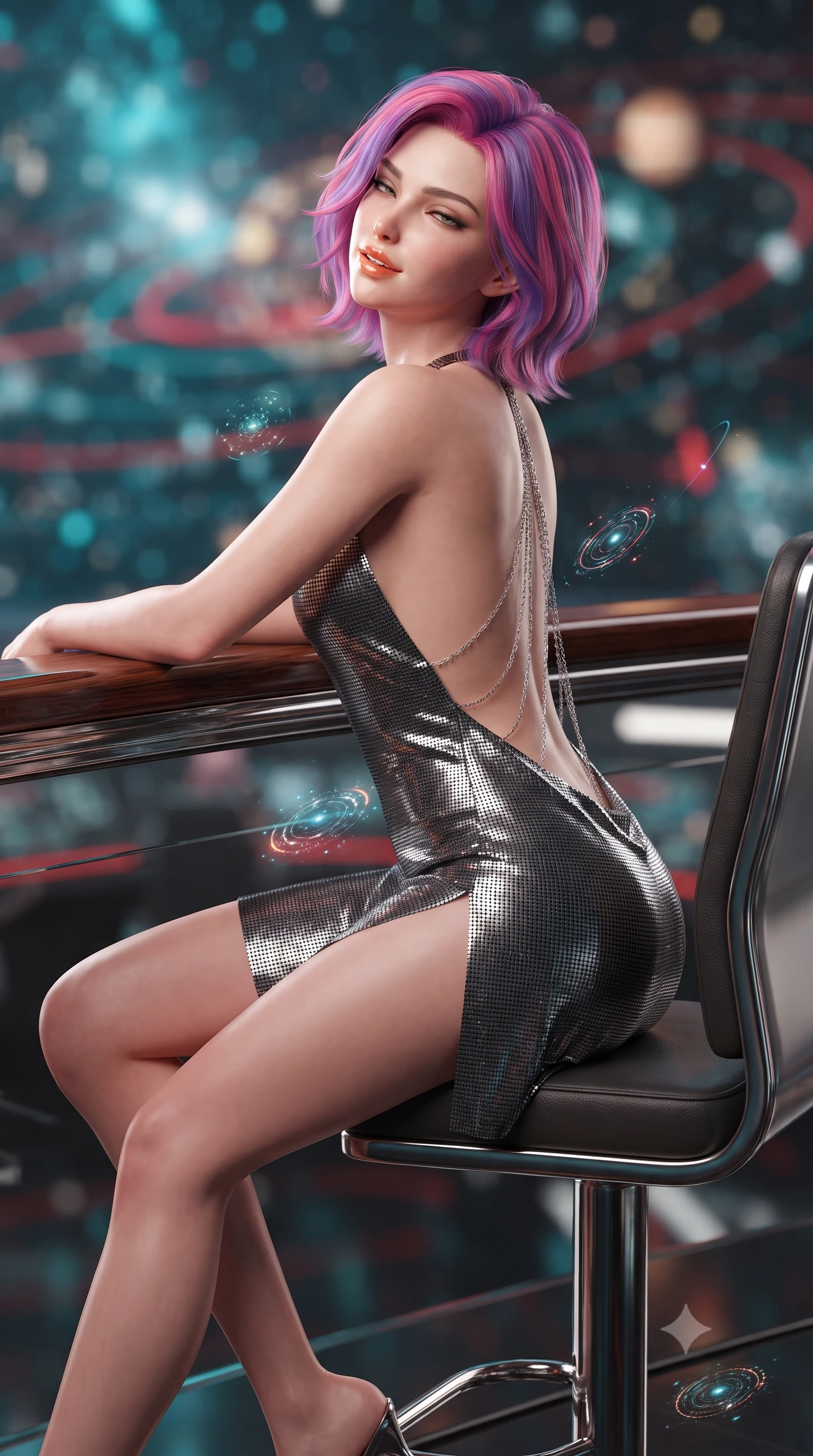 score_9, masterpiece, best quality, ultra-detailed, high-budget anime keyframe, editorial fashion photography, tasteful artistic composition, Caucasian woman. close-up cowboy shot from the waist and thighs up, the character dominates the composition, filling the frame with her large presence. leaning back against the balustrade with relaxed seductive grace, head tilted back slightly while casting a hypnotic, heavy-lidded gaze while sitting gracefully on the high-backed admiral chair with legs crossed, flashing an enchanting smile with parted glossy lips as galactic vectors rotate around her. The background shows a soft-focus floating 3D holographic star clusters, pulsing red battle lines, and glowing planetary orbits blurred into cyan, crimson, and gold bokeh. She has an exceptionally elegant, slender, and willowy female figure with an ultra-slim waist, flat toned midriff, narrow ribcage, and sculpted feminine hips creating an alluring, slim hourglass silhouette without bulk. sharp v-shaped jawline, high-bridge nose, intricate jewel-like sparkling eyes with depth, thick eyelashes, glossy parted lips with a natural peach sheen, bright cheerful beaming smile with an enchanting and coquettish sensual glint, exuding both youthful cute charm and seductive allure, flawlessly proportioned anatomical accuracy, strict slender model proportions, natural body alignment, perfectly sculpted long slender limbs, ultra-slim waistline, clean dynamic posture without body distortion. wearing an alluring backless metallic lamé combat halter mini dress with deep open back down to her lower spine and thigh-high slit in liquid mercury chrome and stealth charcoal, crafted from stretch micro-mesh with liquid foil coating that shimmers with every movement, accented with an open-back drape framed by falling strands of delicate chrome chains, the bespoke structured tailoring following the natural line of her 8.5-heads silhouette with refined elegance. illuminated by polished obsidian dais bounce and sharp starlight-cyan rim lights defining her razor-sharp jawline, narrow waist, and curvy hips. ultra-reflective glossy finish, specular highlights, rich textural contrasts, high-contrast stereoscopic depth, volumetric dynamic lighting, 2k, ultra detail, master piece, 9:16 ratio