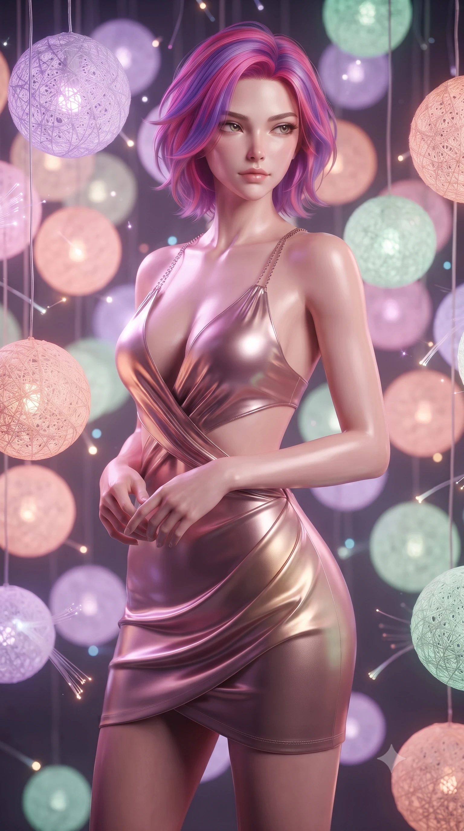 score_9, masterpiece, best quality, ultra-detailed, high-budget anime keyframe, editorial fashion photography, tasteful artistic composition, Caucasian woman. close-up cowboy shot from the waist and thighs up, the character dominates the composition, filling the frame with her large presence, background elements kept in soft focus. Gazing past the camera with an air of effortless elegance and mysterious confidence resting amidst suspended illuminated yarn spheres glowing with pastel tones, glowing fiber optic motes drifting like fireflies in the background. She has an exceptionally elegant, slender, and willowy female figure with an ultra-slim waist, a gracefully sculpted slender torso, and a refined silhouette. sharp v-shaped jawline, high-bridge nose, intricate jewel-like eyes with depth, thick eyelashes, glossy lips with a natural sheen. wearing a liquid mercury gloss mini dress with ultra-deep V-neck and waist cutouts in dusty rose and champagne gold, crafted from lustrous satin jersey with fluid draping, adorned with delicate metallic chain straps along the neckline, the form-contouring material highlighting her ultra-slim waist and long lines. surrounded by a vibrant fluorescent aura with bright rim highlights. ultra-reflective glossy finish, specular highlights, metallic sheen, high-contrast stereoscopic depth, volumetric dynamic lighting, 2k, ultra detail, master piece, 9:16 ratio