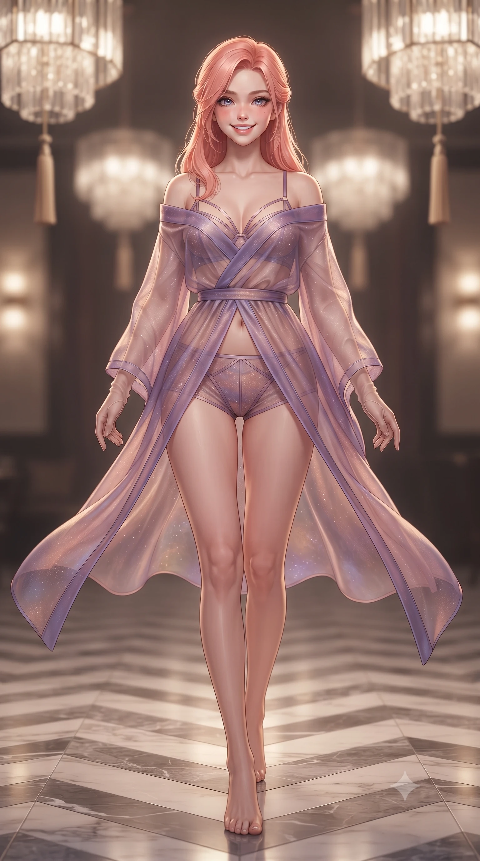 score_9, masterpiece, best quality, ultra-detailed, high-budget anime keyframe, editorial fashion photography, tasteful artistic composition, Japanese woman. low angle full-body shot from head to toe showing her feet, filling the entire 9:16 vertical frame with her statuesque presence, stretching her vertical silhouette. stepping slowly toward the camera with hypnotic grace, hips swaying in an alluring sensual rhythm that accentuates her curvy hourglass silhouette and long slender legs while twisting her slender torso in an alluring contrapposto stance on the polished chevron marble floor, golden river reflections caressing her narrow waist and curvy hips. The background shows a soft-focus vintage geometric crystal chandeliers and silk tassels softened in 1920s Shanghai jazz age nocturne shallow focus. She has an exceptionally tall and slender model-like 8.5-heads proportion, an ultra-slim waist, a flat toned midriff, narrow delicate ribcage, and beautifully sculpted feminine hips creating a graceful, slim hourglass silhouette without any bulky heaviness, with impossibly long slender legs. sharp v-shaped jawline, high-bridge nose, intricate jewel-like sparkling eyes with depth, thick eyelashes, glossy parted lips with a natural peach sheen, bright cheerful beaming smile with an enchanting and coquettish sensual glint, exuding both youthful cute charm and seductive allure, flawlessly proportioned anatomical accuracy, strict slender model proportions, natural body alignment, perfectly sculpted long slender limbs, ultra-slim waistline, clean dynamic posture without body distortion. wearing an ethereal translucent silk chiffon yukata robe slipping off bare shoulders over a strappy underwire bralette and micro-shorts in orbital nebula violet and luminescent rose gold, woven from fine semi-opaque stretch illusion mesh tracing her slender contours, complemented by sheer opera-length evening gloves tracing her slender arms, the second-skin tailored fabric adhering flawlessly to her sculpted flat midriff and slender torso, emphasizing her long leg lines and perfectly proportioned willowy build. illuminated by river reflection bounce and sharp platinum-gold rim lights sculpting her razor-sharp jawline, narrow waist, and curvy hips. ultra-reflective glossy finish, specular highlights, rich textural contrasts, high-contrast stereoscopic depth, volumetric dynamic lighting, 2k, ultra detail, master piece, 9:16 ratio
