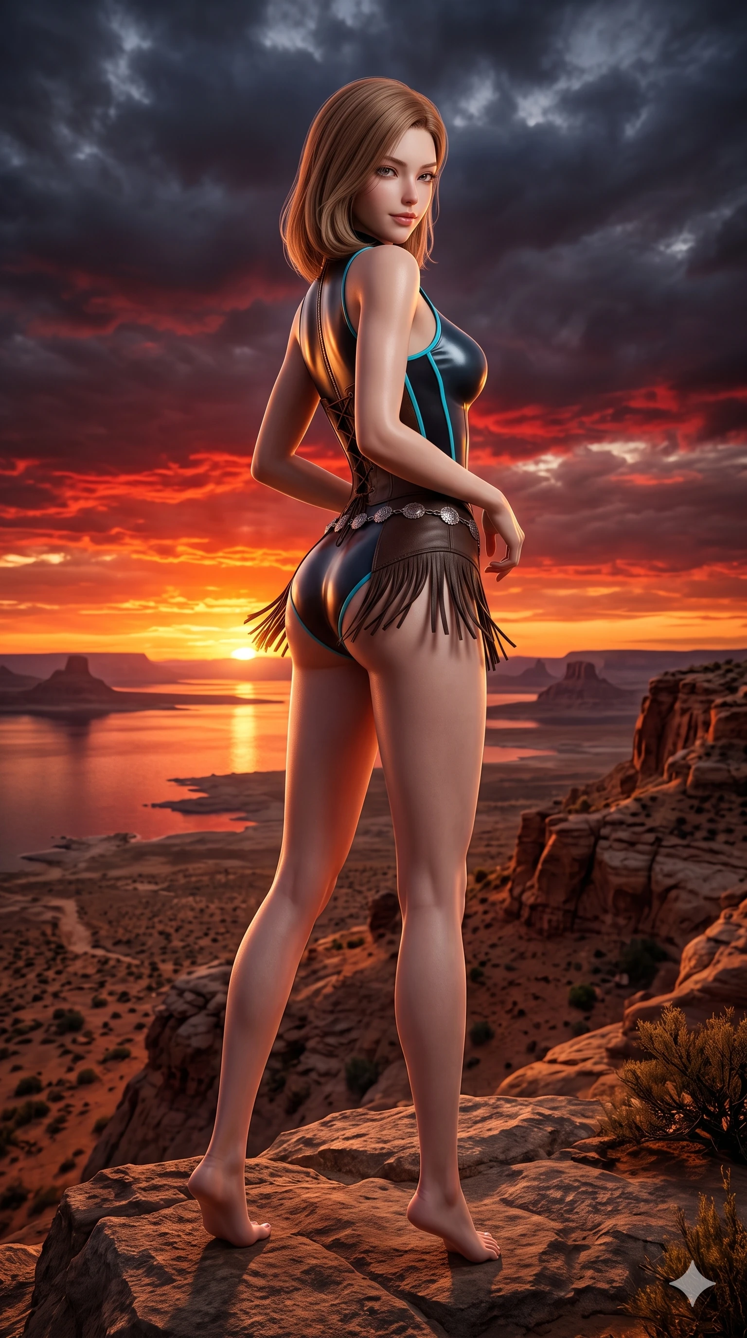 score_9, masterpiece, best quality, ultra-detailed, high-budget anime keyframe, semi-realistic 3D game render, editorial fashion photography, tasteful artistic composition, Korean woman. low angle full-body shot from head to toe showing her feet, filling the entire 9:16 vertical frame with her statuesque presence, stretching her vertical silhouette. walking along the waterfront terrace with poise, looking back over her bare shoulder with an irresistible smoldering bedroom-gaze while standing tall on the highest rock promontory, stretching her statuesque body as she arches her lower back to emphasize her sculpted feminine hips against the fiery sunset. The surrounding environment is rendered in vivid detail and crisp panoramic clarity: detailed plunging lace-up suede bustier tailoring, silver concho waist chain, and epic desert wilderness in razor-sharp precision. She has an absolutely perfect, statuesque 8.5-heads proportion, an exceptionally tall and slender model-like female figure with impossibly long slender legs, an ultra-slim waist, a flat toned midriff, narrow delicate ribcage, and beautifully sculpted feminine hips creating a graceful, slim hourglass silhouette without any bulky heaviness. sharp v-shaped jawline, high-bridge nose, sparkling eyes with hypnotic seductive depth, thick curled eyelashes, glossy parted lips with a natural dewy peach sheen, alluring bedroom-eyes with an enchanting coquettish smile, exuding magnetic siren charisma and sophisticated glamour, flawlessly proportioned anatomical accuracy, strict slender model proportions, natural body alignment, perfectly sculpted long slender limbs, ultra-slim waistline, clean dynamic posture without body distortion. wearing a form-contouring wet-look neoprene zip-front surfing bodysuit with high-cut leg openings and racing side stripes in midnight obsidian black and neon cyan piping, tailored from buttery-soft glove lambskin leather clinging smoothly to her narrow waist and rounded hips, finished with a delicate leather fringe trim fluttering along her hip line with kinetic charm, the impeccably tailored cut draping gracefully along her slender figure with aristocratic western poise. bathed in the dramatic, rich crimson and molten-gold illumination of the setting sun piercing beneath dark storm clouds. highly saturated vibrant anime colors, detailed shading with soft gradients, rich glossy textures, high-contrast stereoscopic depth, volumetric dynamic lighting, master piece, 9:16 ratio