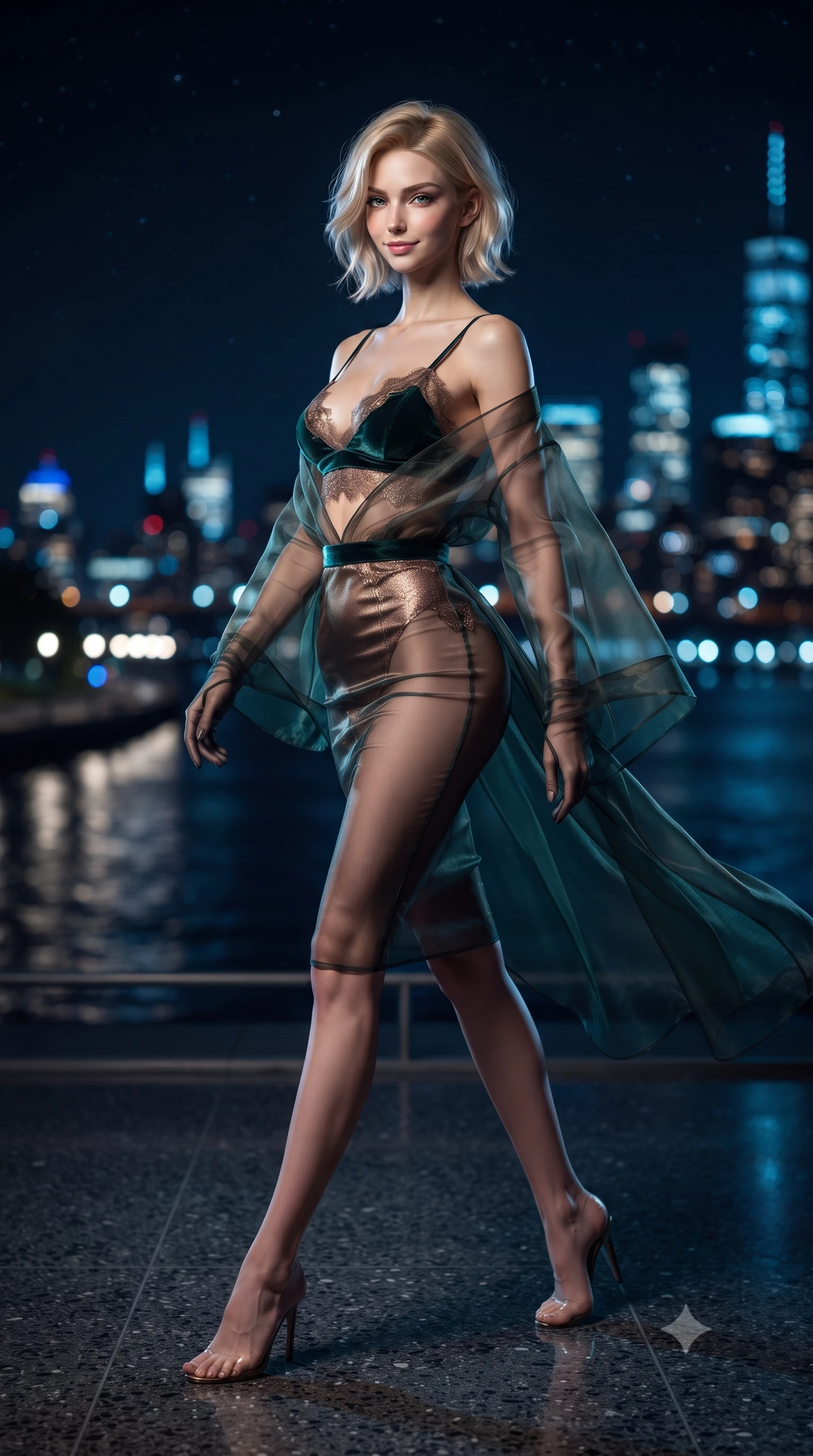 score_9, masterpiece, best quality, ultra-detailed, high-budget anime keyframe, editorial fashion photography, tasteful artistic composition, Caucasian woman. low angle full-body shot from head to toe showing her feet, filling the entire 9:16 vertical frame with her statuesque presence, stretching her vertical silhouette. leaning deep against the balcony balustrade with hips cocked back in an unapologetically alluring high-fashion stance, casting an intoxicating glance while walking slowly across the polished dark terrazzo floor with confident runway strides, nocturnal river lights wrapping around her long slender legs. The background shows a soft-focus winding dark waters of Hudson River reflecting highway lamps, glittering Midtown Manhattan towers, and starry night sky blurred into electric sapphire, topaz, and cyan bokeh. She has an exceptionally tall and slender model-like 8.5-heads proportion, an ultra-slim waist, a flat toned midriff, narrow delicate ribcage, and beautifully sculpted feminine hips creating a graceful, slim hourglass silhouette without any bulky heaviness, with impossibly long slender legs. sharp v-shaped jawline, high-bridge nose, intricate jewel-like sparkling eyes with depth, thick eyelashes, glossy parted lips with a natural peach sheen, bright cheerful beaming smile with an enchanting and coquettish sensual glint, exuding both youthful cute charm and seductive allure, flawlessly proportioned anatomical accuracy, strict slender model proportions, natural body alignment, perfectly sculpted long slender limbs, ultra-slim waistline, clean dynamic posture without body distortion. wearing a modern sheer organza kimono dress with wide sleeves slipping gracefully off bare shoulders over a fitted bralette in deep emerald velvet and shimmering bronze, made of delicate semi-sheer French Chantilly lace with intricate eyelash edges, complemented by sheer opera-length evening gloves tracing her slender arms, the glove-like clinging cut tightly following the natural contour of her hips and long slender legs with youthful 8.5-heads elegance. illuminated by floor reflection bounce and sharp platinum-cyan rim lights sculpting her cheekbones, flat midriff, and curvaceous hips. ultra-reflective glossy finish, specular highlights, rich textural contrasts, high-contrast stereoscopic depth, volumetric dynamic lighting, 2k, ultra detail, master piece, 9:16 ratio