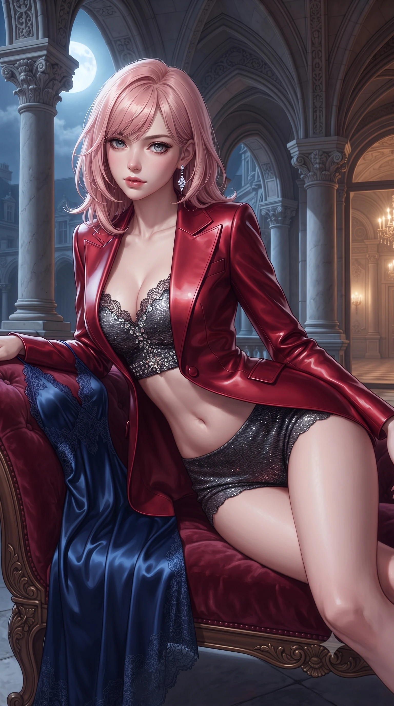 score_9, masterpiece, best quality, ultra-detailed, high-budget anime keyframe, editorial fashion photography, tasteful artistic composition, Japanese woman. close-up cowboy shot from the waist and thighs up, the character dominates the composition, filling the frame with her large presence. leaning forward while arching her lower back to accentuate her curvy hips, looking into the camera with an intoxicating smoldering gaze and bedroom-eyes while lounging in the vintage velvet chaise inside the open loggia, her long slender legs and flat midriff radiating effortless aristocratic sensuality. The surrounding environment is rendered in vivid detail and crisp panoramic clarity: detailed backless halterneck satin slip gown drape, dangling diamond earring sparkle, and Renaissance architectural craft in high resolution. She has an exceptionally elegant, slender, and willowy female figure with an ultra-slim waist, flat toned midriff, narrow ribcage, and sculpted feminine hips creating an alluring, slim hourglass silhouette without bulk. sharp v-shaped jawline, high-bridge nose, sparkling eyes with hypnotic seductive depth, thick curled eyelashes, glossy parted lips with a natural dewy peach sheen, alluring bedroom-eyes with an enchanting coquettish smile, exuding magnetic siren charisma and sophisticated glamour, flawlessly proportioned anatomical accuracy, strict slender model proportions, natural body alignment, perfectly sculpted long slender limbs, ultra-slim waistline, clean dynamic posture without body distortion. wearing a tailored open-front satin smoking jacket worn over a jewel-embellished bandeau and micro-shorts in rich cherry lacquer and smoky charcoal, tailored from fine structural neoprene with crisp architectural edges and smooth contouring, finished with scalloped eyelash lace trim framing her sweetheart neckline with intimate elegance, the glove-like clinging cut tightly following the natural contour of her hips and long slender legs with youthful 8.5-heads elegance. bathed in cool silver full moonlight streaming from the open sky mixed with warm 2800K light spilling from the chateau grand ballroom. ultra-reflective glossy finish, specular highlights, rich textural contrasts, high-contrast stereoscopic depth, volumetric dynamic lighting, 2k, ultra detail, master piece, 9:16 ratio