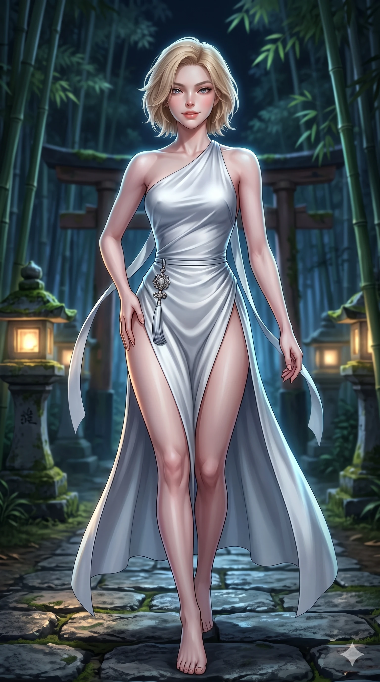 score_9, masterpiece, best quality, ultra-detailed, high-budget anime keyframe, semi-realistic 3D game render, editorial fashion photography, tasteful artistic composition, Caucasian woman. close-up cowboy shot from the waist and thighs up, the character dominates the composition, filling the frame with her large presence. tilting her head with a teasing half-smile, running one hand slowly down the side of her hip in a flirtatious S-curve as ambient light caresses her silhouette while stepping forward along the stone path with hypnotic grace, hips swaying in an alluring sensual rhythm that accentuates her curvy silhouette. The background shows a soft-focus mystical bamboo forest shrine softened in atmospheric nocturnal shallow focus. She has an exceptionally elegant, slender, and willowy female figure with an ultra-slim waist, flat toned midriff, narrow ribcage, and sculpted feminine hips creating an alluring, slim hourglass silhouette without bulk. sharp v-shaped jawline, high-bridge nose, sparkling eyes with hypnotic seductive depth, thick curled eyelashes, glossy parted lips with a natural dewy peach sheen, alluring bedroom-eyes with an enchanting coquettish smile, exuding magnetic siren charisma and sophisticated glamour, flawlessly proportioned anatomical accuracy, strict slender model proportions, natural body alignment, perfectly sculpted long slender limbs, ultra-slim waistline, clean dynamic posture without body distortion. wearing an asymmetric one-shoulder liquid mercury silk dress with a dramatic hip-high wrap slit and norigae waist charm in celestial pearl white and moonlight platinum, tailored from heavy double-faced silk faille with an exceptionally fluid drape, finished with long silk ribbon ties fluttering down her bare spine from a backless halter, the liquid-tight tailored fabric clinging flawlessly to her narrow waist and rounded feminine hips, emphasizing every millimeter of her sculpted slim hourglass curves without any bulky heaviness. illuminated by ground stone bounce and sharp silver-jade rim lights sculpting her razor-sharp jawline, narrow waist, and curvy hips. highly saturated vibrant anime colors, detailed shading with soft gradients, rich glossy textures, high-contrast stereoscopic depth, volumetric dynamic lighting, master piece, 9:16 ratio