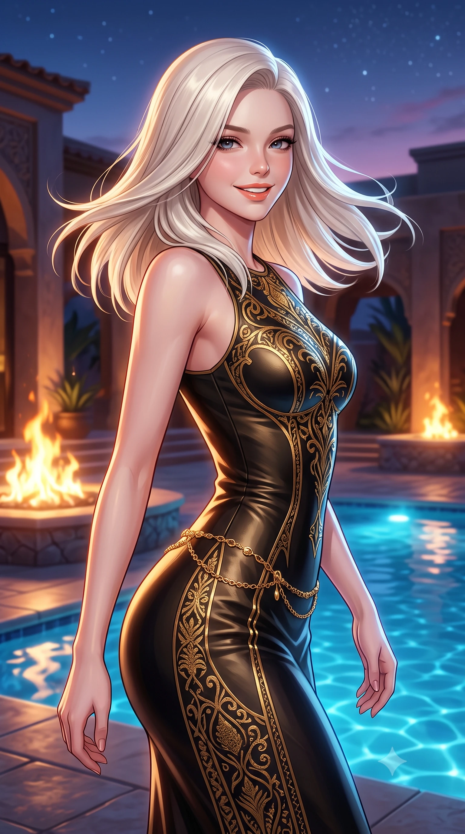 score_9, masterpiece, best quality, ultra-detailed, high-budget anime keyframe, semi-realistic 3D game render, editorial fashion photography, tasteful artistic composition, Caucasian woman. close-up cowboy shot from the waist and thighs up, the character dominates the composition, filling the frame with her large presence. turning slowly with an enchanting smoldering smile, her glossy hair tossing in the breeze as her hips angle gracefully in a captivating contrapposto while twisting her slender torso in an alluring contrapposto stance, glowing firelight and pool caustics wrapping around her narrow waist and hips. The surrounding environment is rendered in vivid detail and crisp panoramic clarity: detailed garment weave, fitted contours, and landscape architectural craft in high resolution. She has an exceptionally elegant, slender, and willowy female figure with an ultra-slim waist, flat toned midriff, narrow ribcage, and sculpted feminine hips creating an alluring, slim hourglass silhouette without bulk. sharp v-shaped jawline, high-bridge nose, intricate jewel-like sparkling eyes with depth, thick eyelashes, glossy parted lips with a natural peach sheen, bright cheerful beaming smile with an enchanting and coquettish sensual glint, exuding both youthful cute charm and seductive allure, flawlessly proportioned anatomical accuracy, strict slender model proportions, natural body alignment, perfectly sculpted long slender limbs, ultra-slim waistline, clean dynamic posture without body distortion. wearing an ultra-sleek stretch lambskin leather sheath dress accentuating her slim waistline in Viennese golden secession noir and imperial 24k gold leaf, made of fluid liquid jersey with seamless sculpting hold and smooth contours, accented with a dainty gold belly chain resting across her flat midriff and curving hips, the second-skin tailored fabric adhering flawlessly to her sculpted flat midriff and slender torso, emphasizing her long leg lines and perfectly proportioned willowy build. bathed in the warm radiant 2100K hearth glow of dancing gas flames contrasted with cool desert starlight and pool LEDs. highly saturated vibrant anime colors, detailed shading with soft gradients, rich glossy textures, high-contrast stereoscopic depth, volumetric dynamic lighting, master piece, 9:16 ratio